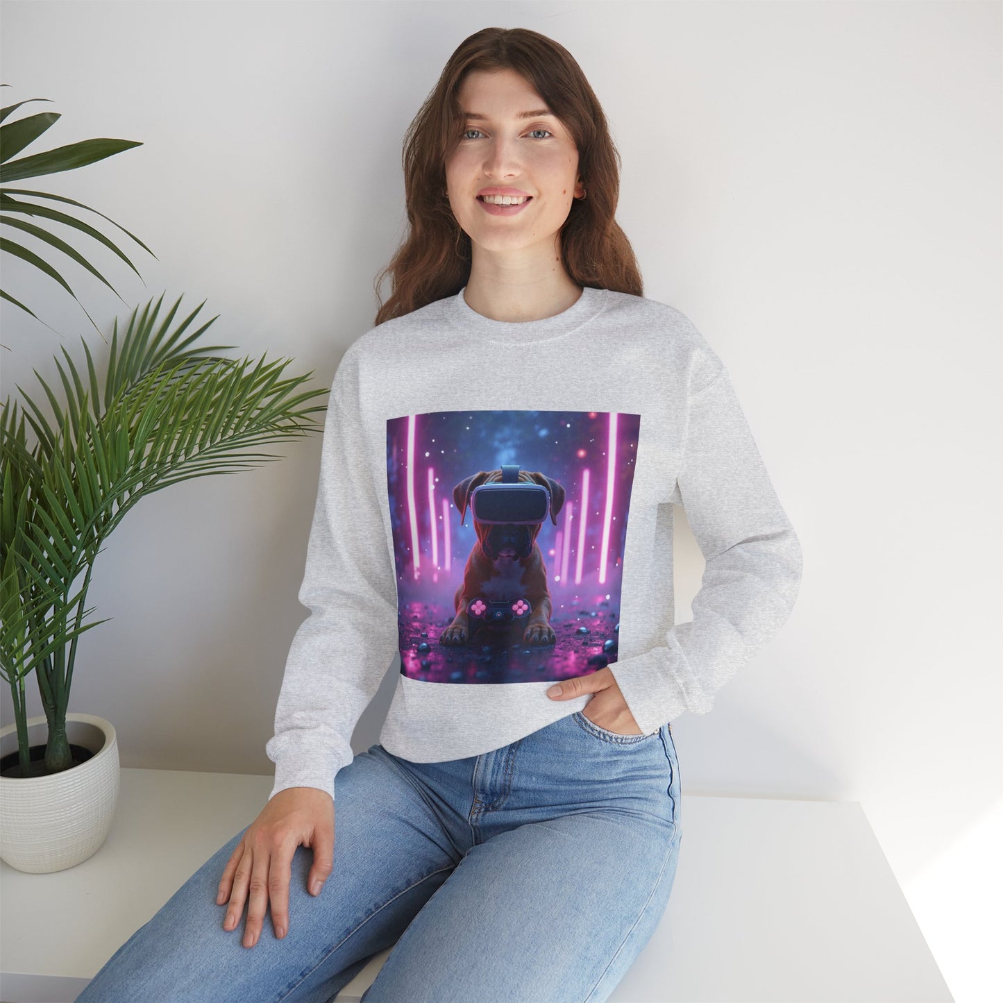 VR Gaming Boxer Dog Crewneck Sweatshirt | Funny Gamer Gift | Virtual Reality Puppy Design