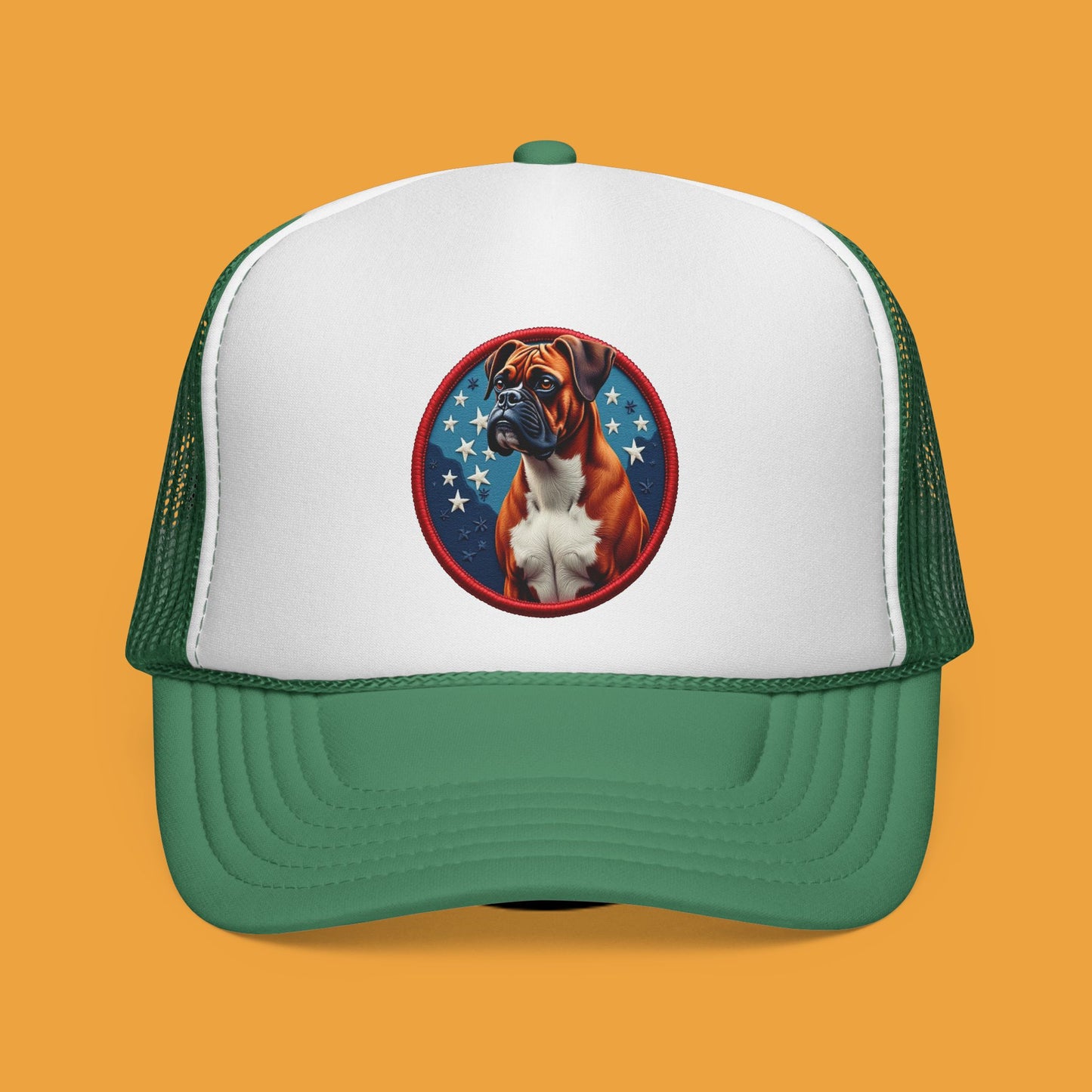 "Americana Boxer Dog Patch Trucker Cap - Patriotic Stars Design | USA Flag Colors Snapback Hat | Military Style Baseball Cap"
