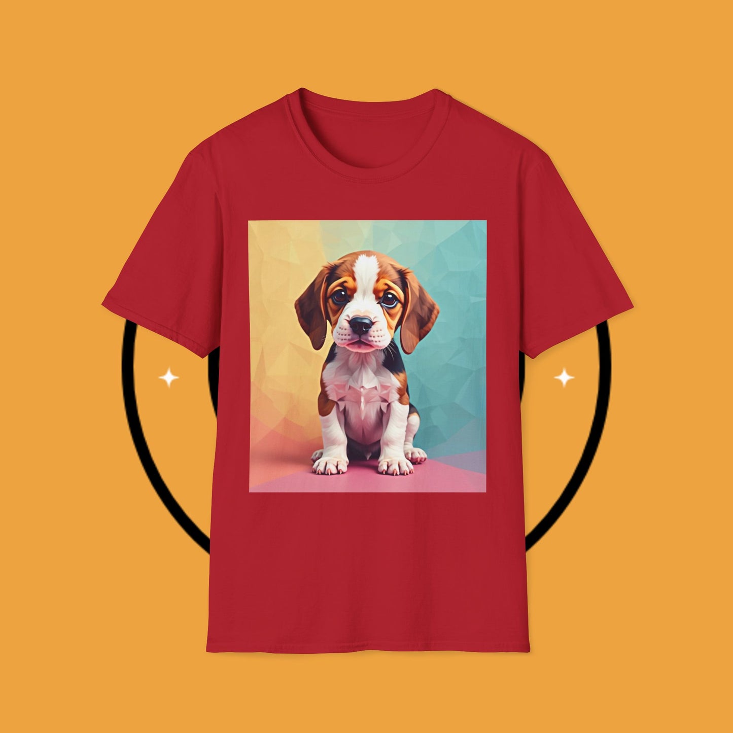 Modern Art Beagle Puppy T-Shirt - Geometric Low Poly Dog Design with Rainbow Background