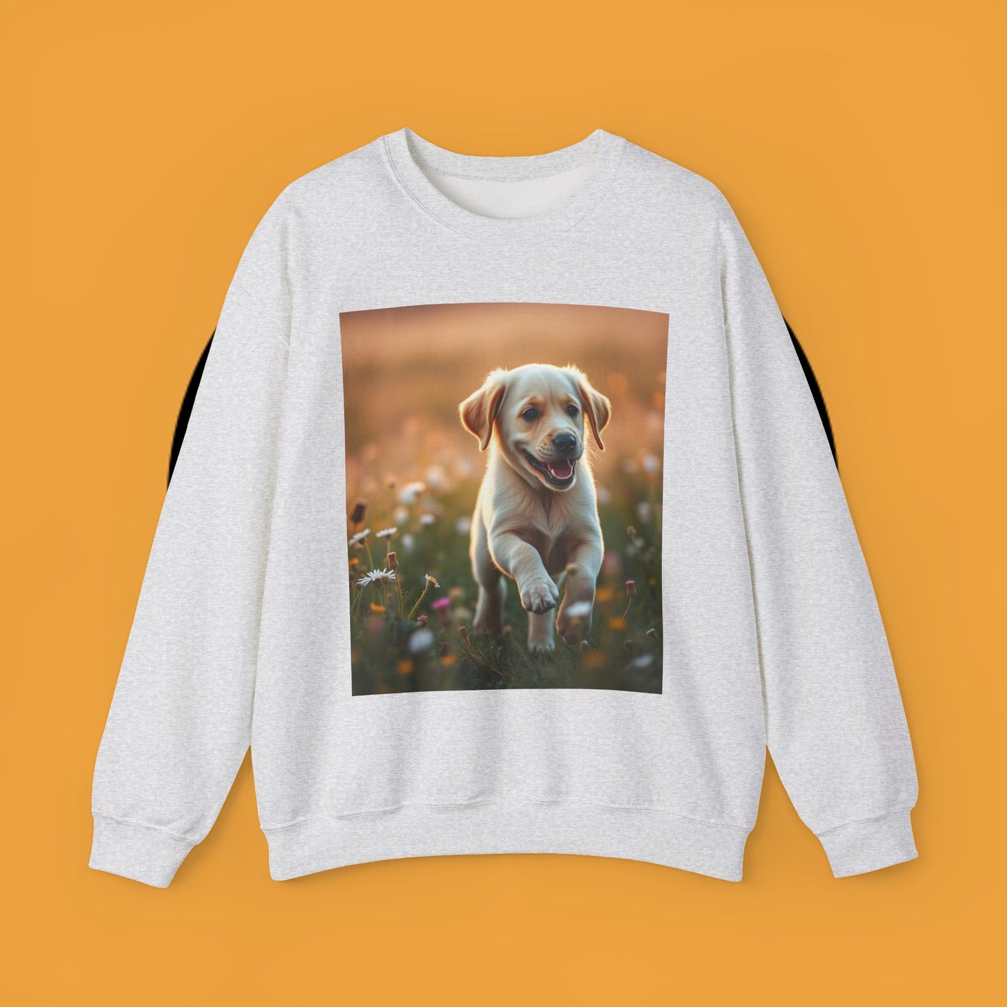 Unisex Dog Lover Crewneck Sweatshirt - Playful Labrador Puppy Running Through Wildflower Meadow