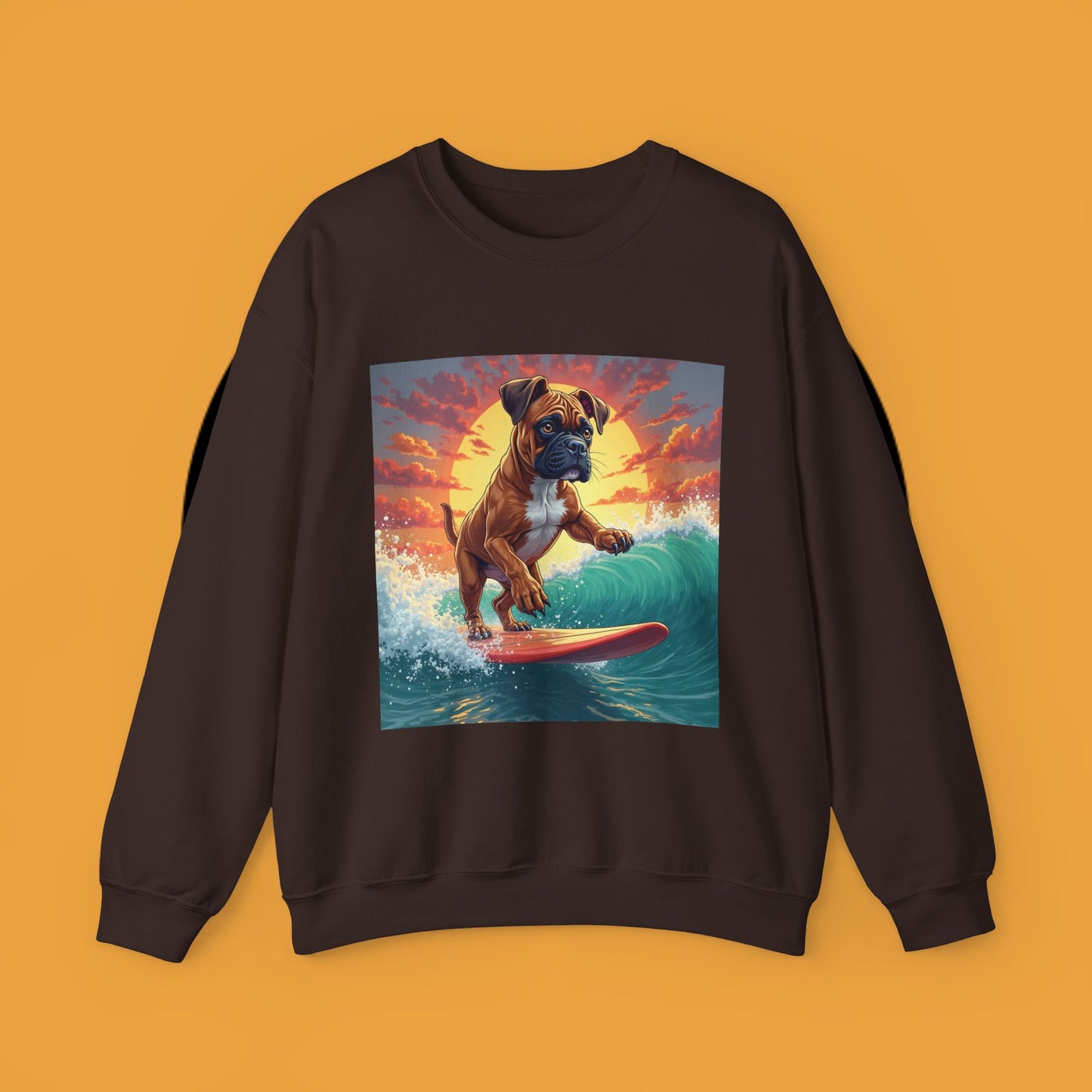 Surfing Boxer Dog Crewneck Sweatshirt | Funny Beach Surfer Gift | Epic Wave Riding Pup Design