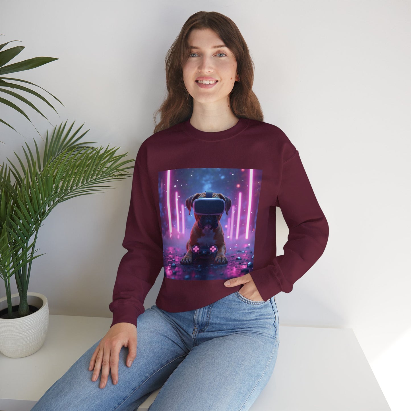 VR Gaming Boxer Dog Crewneck Sweatshirt | Funny Gamer Gift | Virtual Reality Puppy Design