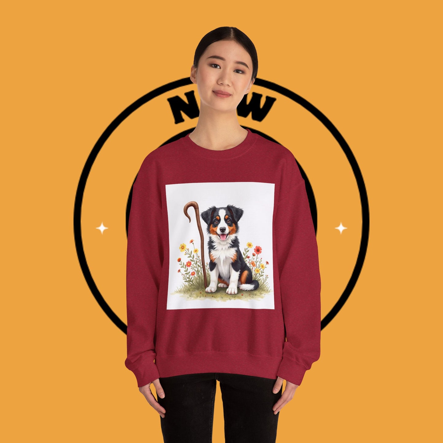 Border Collie Puppy Shepherd's Crook Crewneck Sweatshirt - Pastoral Dog Art | Farm Life Gift