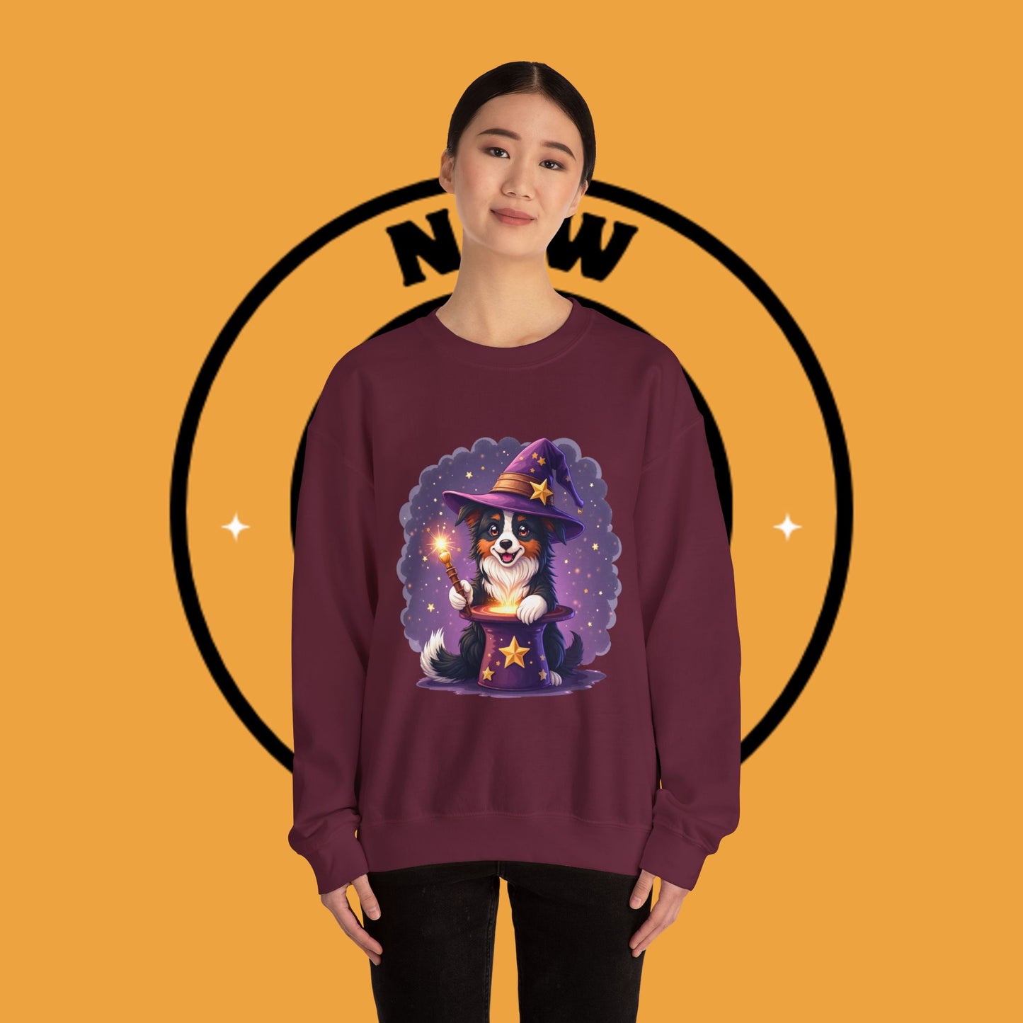 Magical Wizard Dog Crewneck Sweatshirt - Adorable Puppy Magician with Hat & Wand | Fantasy Pet Lover Gift Tee