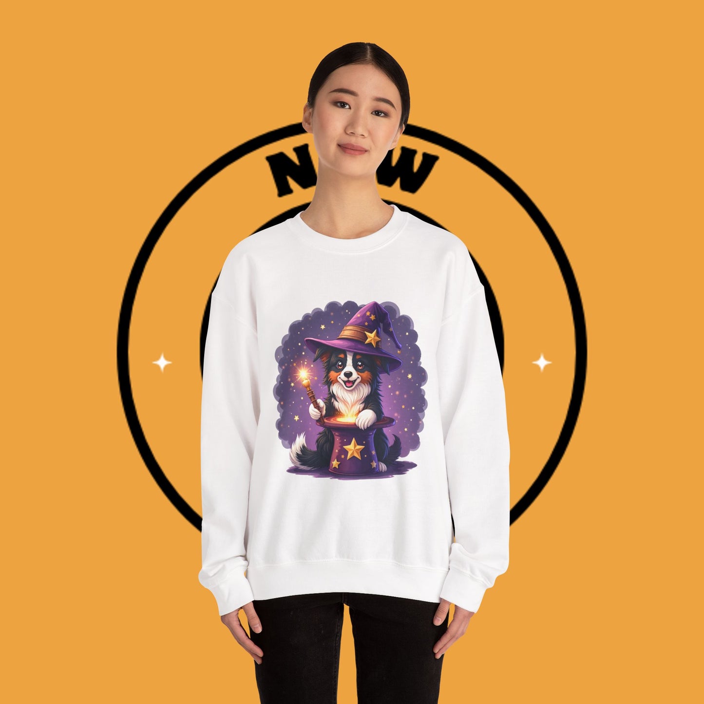 Magical Wizard Dog Crewneck Sweatshirt - Adorable Puppy Magician with Hat & Wand | Fantasy Pet Lover Gift Tee
