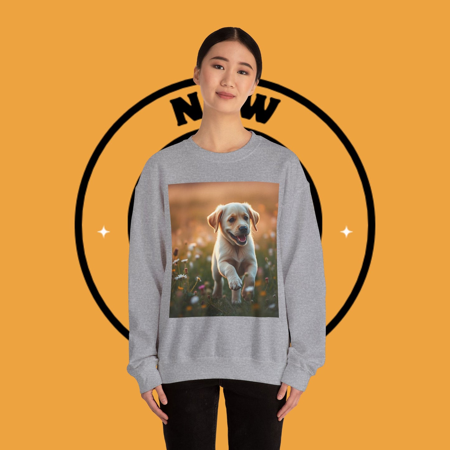 Unisex Dog Lover Crewneck Sweatshirt - Playful Labrador Puppy Running Through Wildflower Meadow