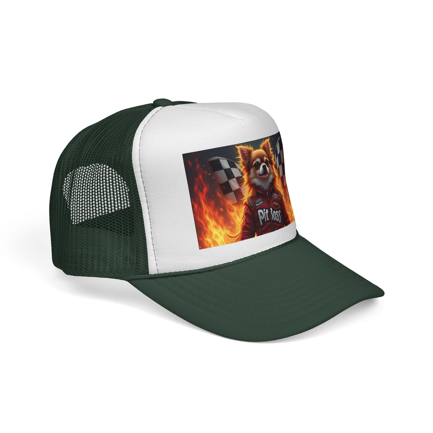 Pit Boss Chihuahua Racing Trucker Hat - Checkered Flag Fire Cap | Motorsports Dog Lover Speed Racing Baseball Hat