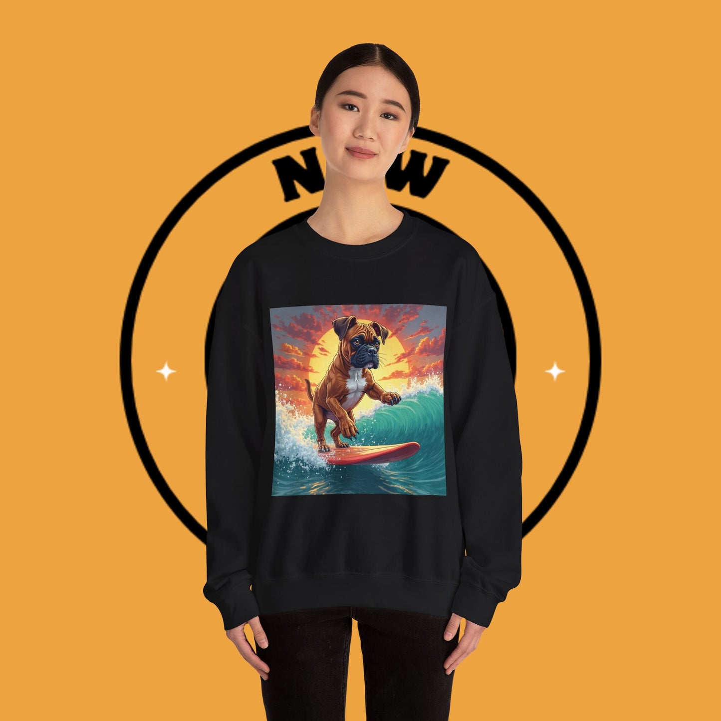 Surfing Boxer Dog Crewneck Sweatshirt | Funny Beach Surfer Gift | Epic Wave Riding Pup Design