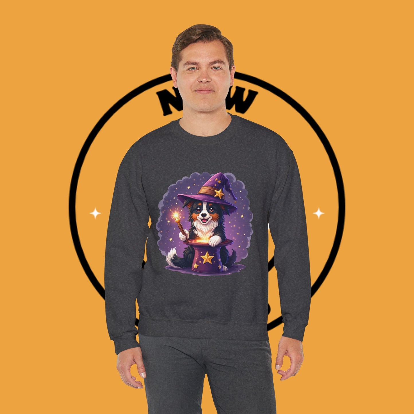 Magical Wizard Dog Crewneck Sweatshirt - Adorable Puppy Magician with Hat & Wand | Fantasy Pet Lover Gift Tee