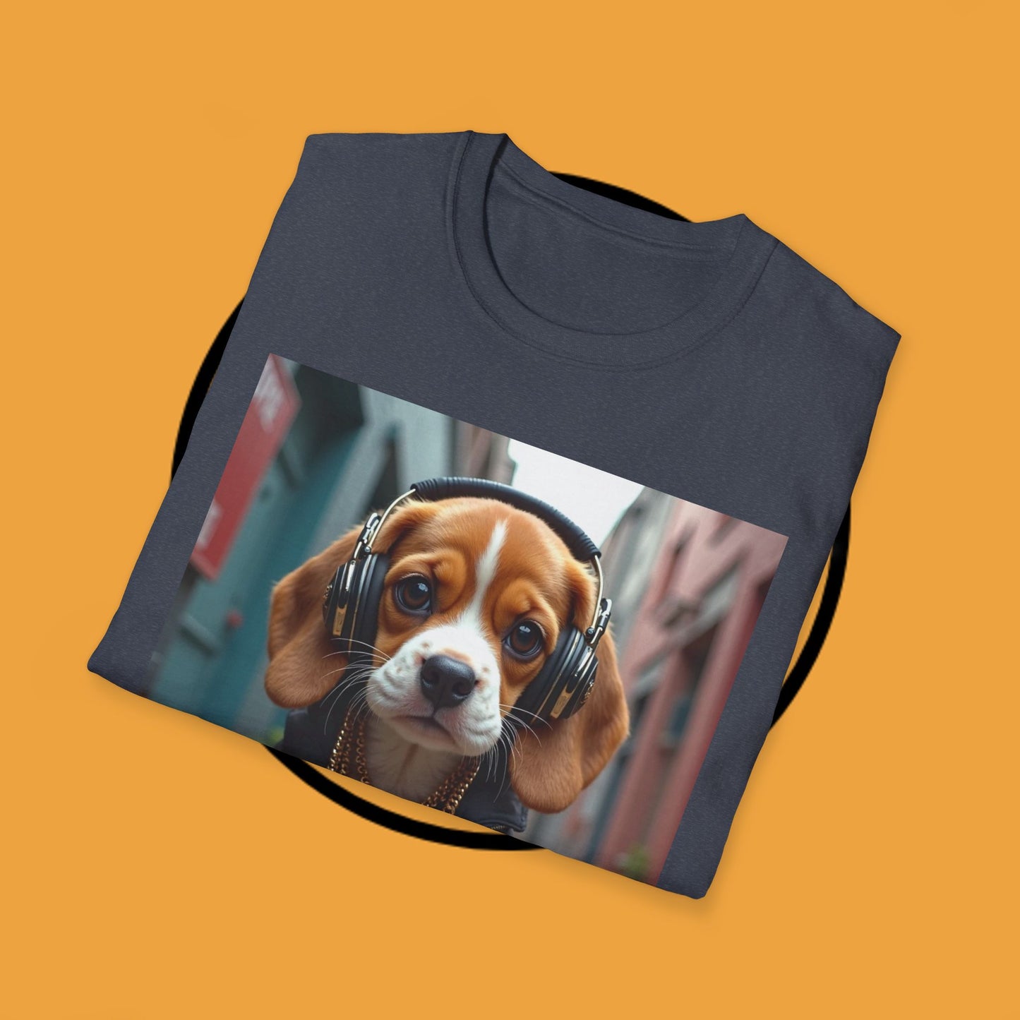Hip Hop Beagle Dog T-Shirt - Cool Puppy with Headphones & Gold Chains Graphic Tee
