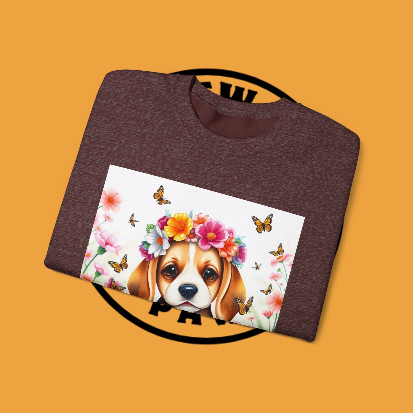 Flower Wreath Dog Crewneck Sweatshirt - Spring Beagle Design with Butterflies