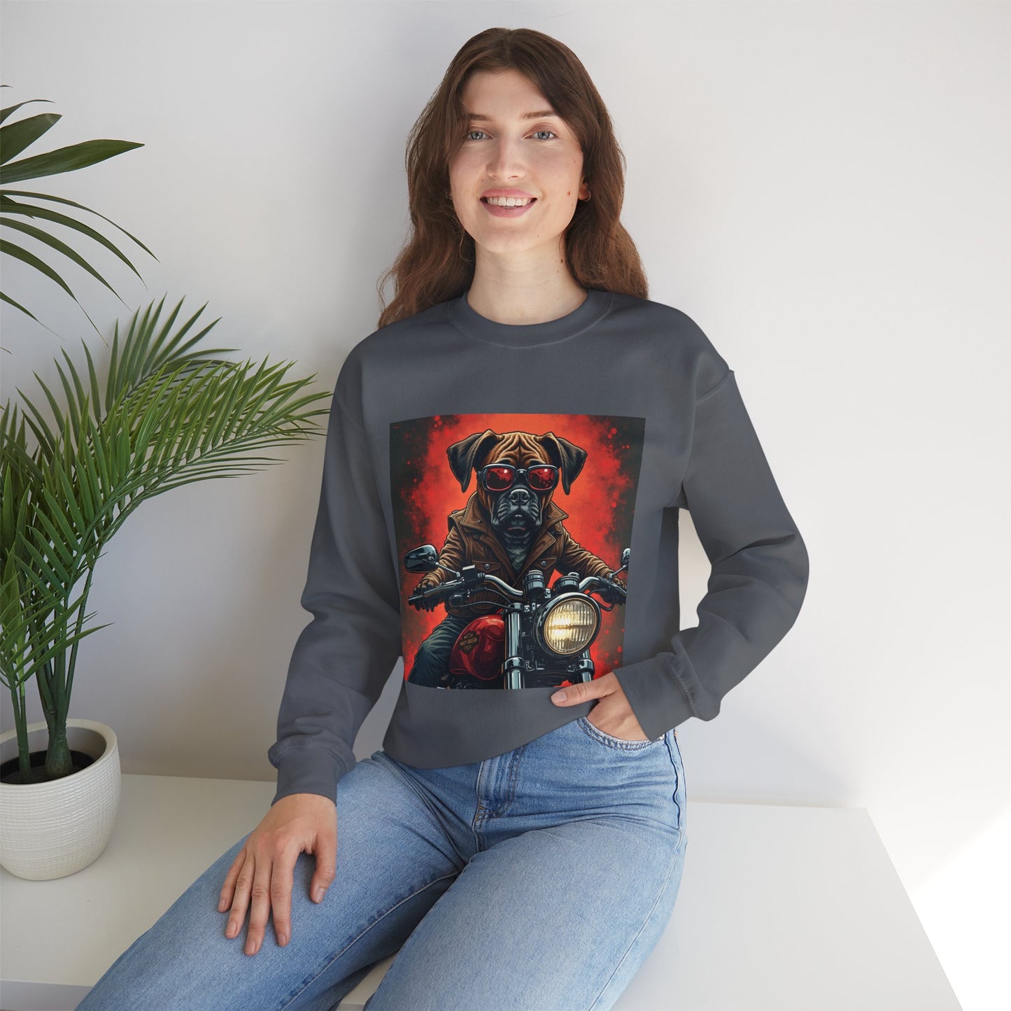Biker Boxer Dog Crewneck Sweatshirt - Motorcycle Rebel Pup Design - Badass Pet Lover Style