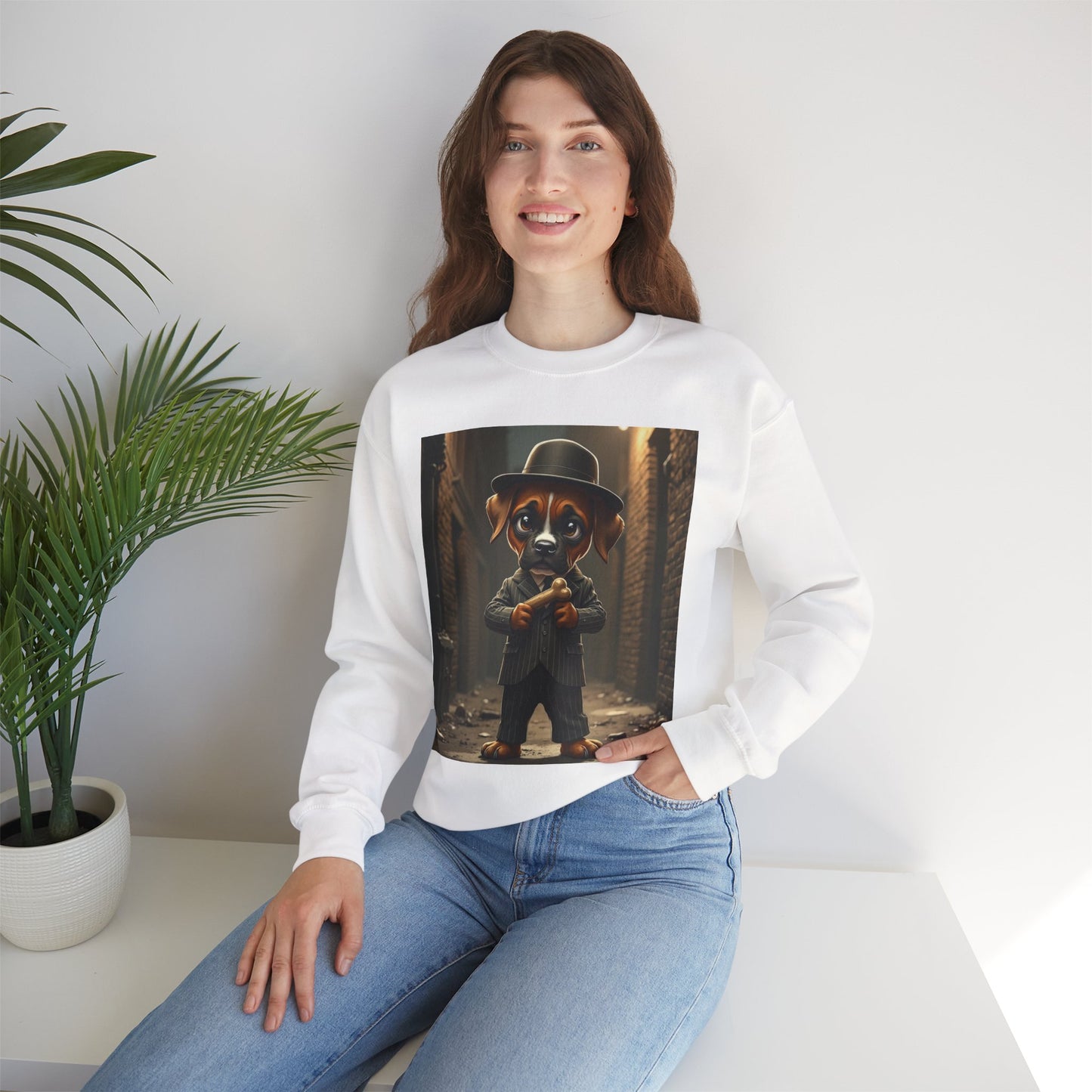 Gangster Puppy Fedora Crewneck Sweatshirt - Vintage Dog Boss Design - Retro Pet Lover Style