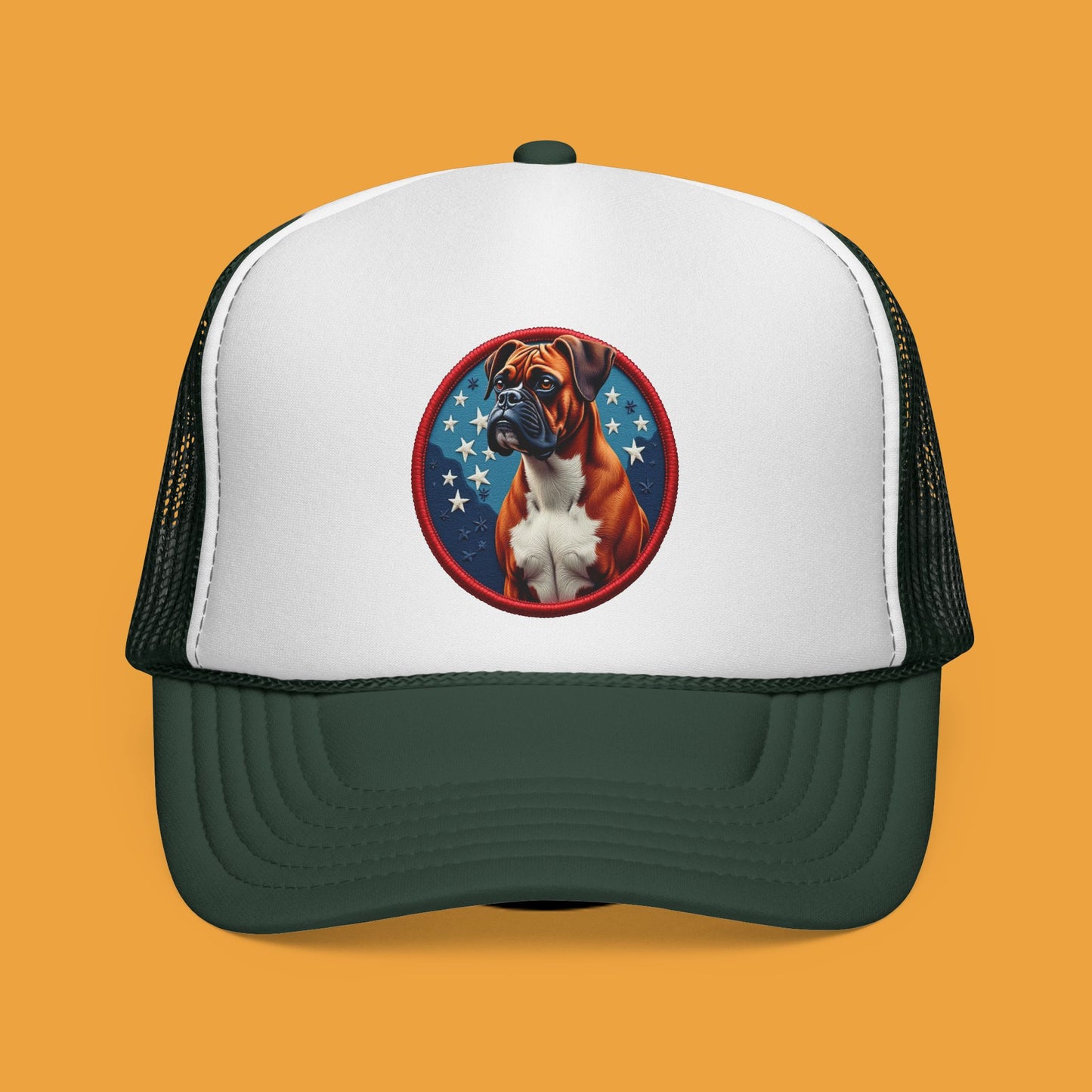 "Americana Boxer Dog Patch Trucker Cap - Patriotic Stars Design | USA Flag Colors Snapback Hat | Military Style Baseball Cap"