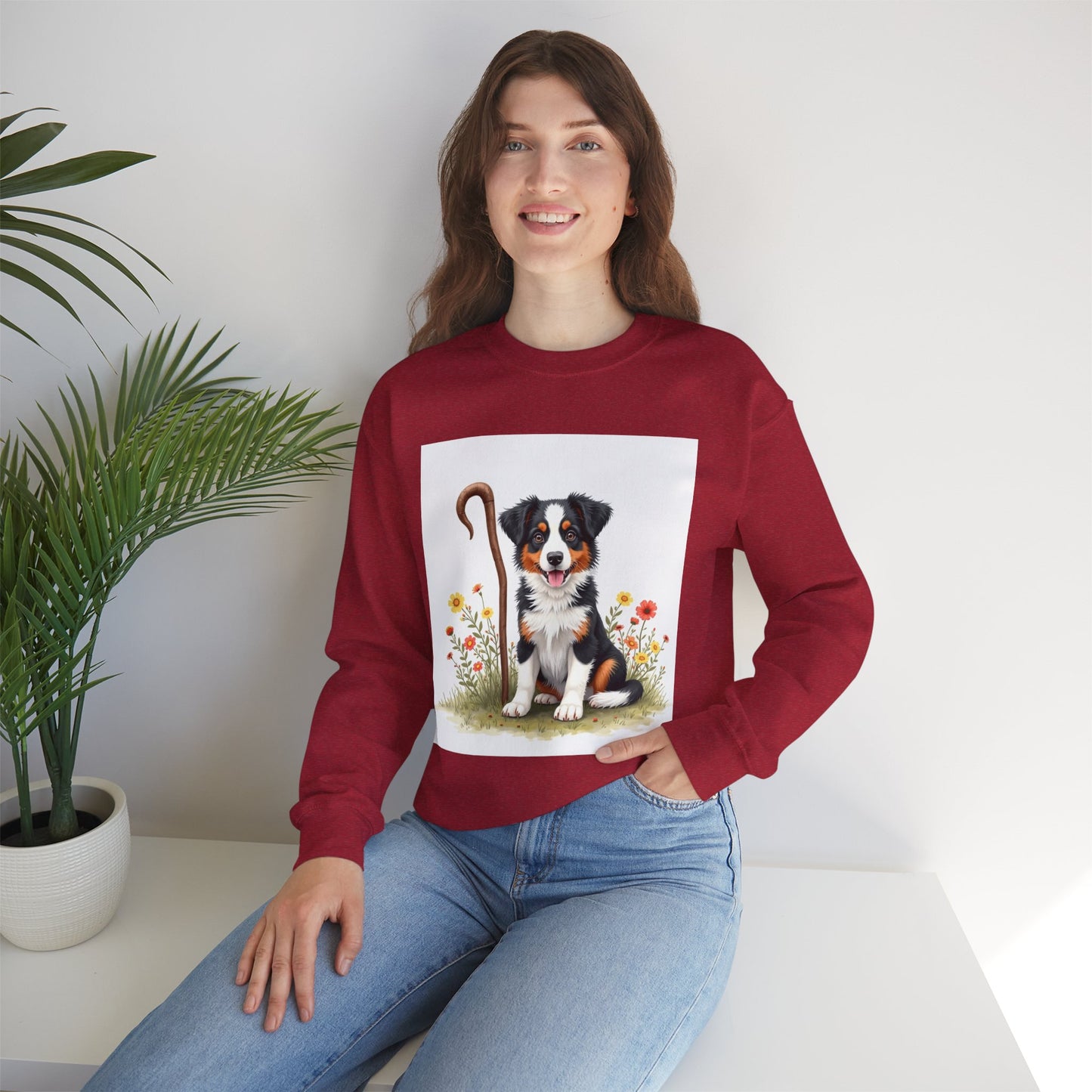 Border Collie Puppy Shepherd's Crook Crewneck Sweatshirt - Pastoral Dog Art | Farm Life Gift