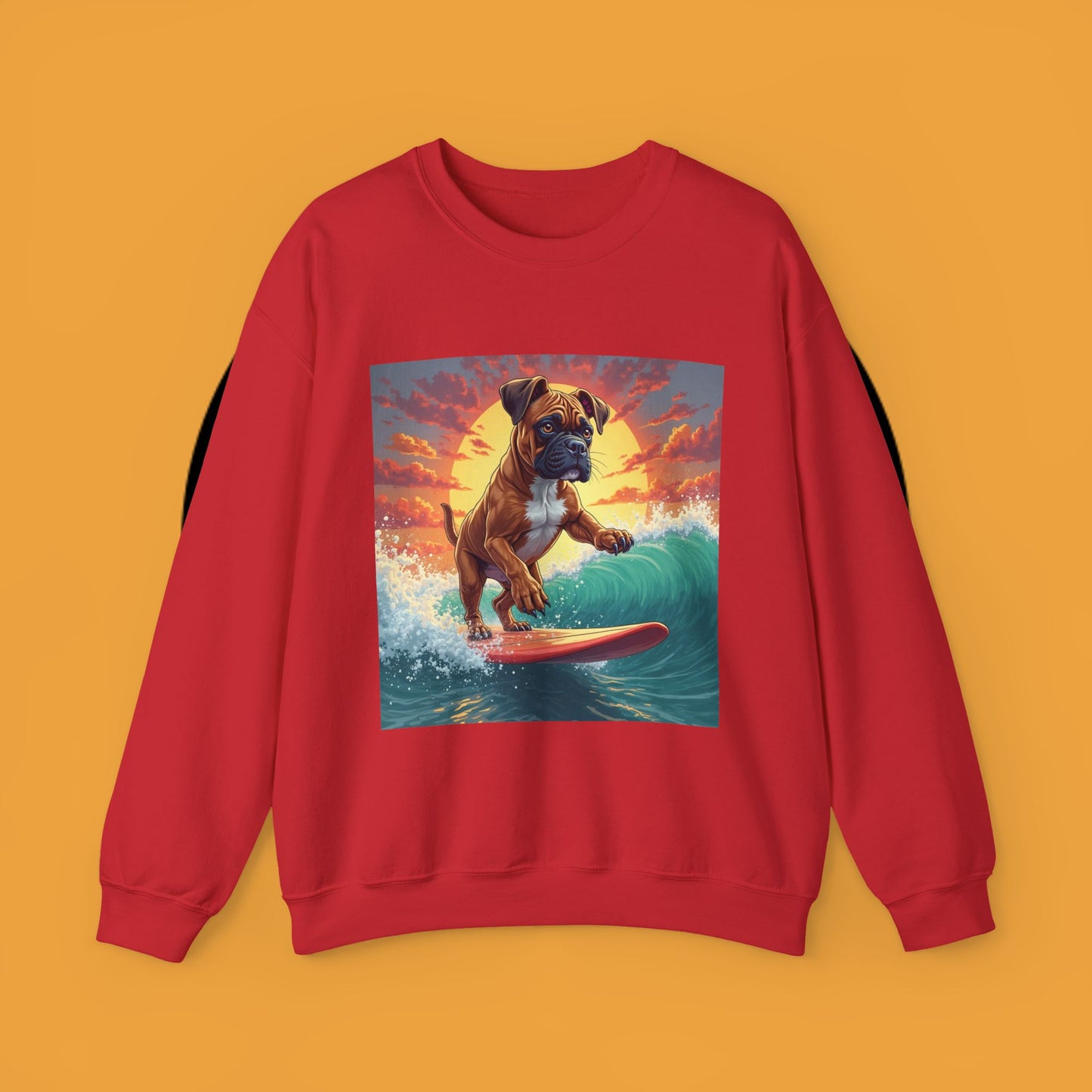 Surfing Boxer Dog Crewneck Sweatshirt | Funny Beach Surfer Gift | Epic Wave Riding Pup Design