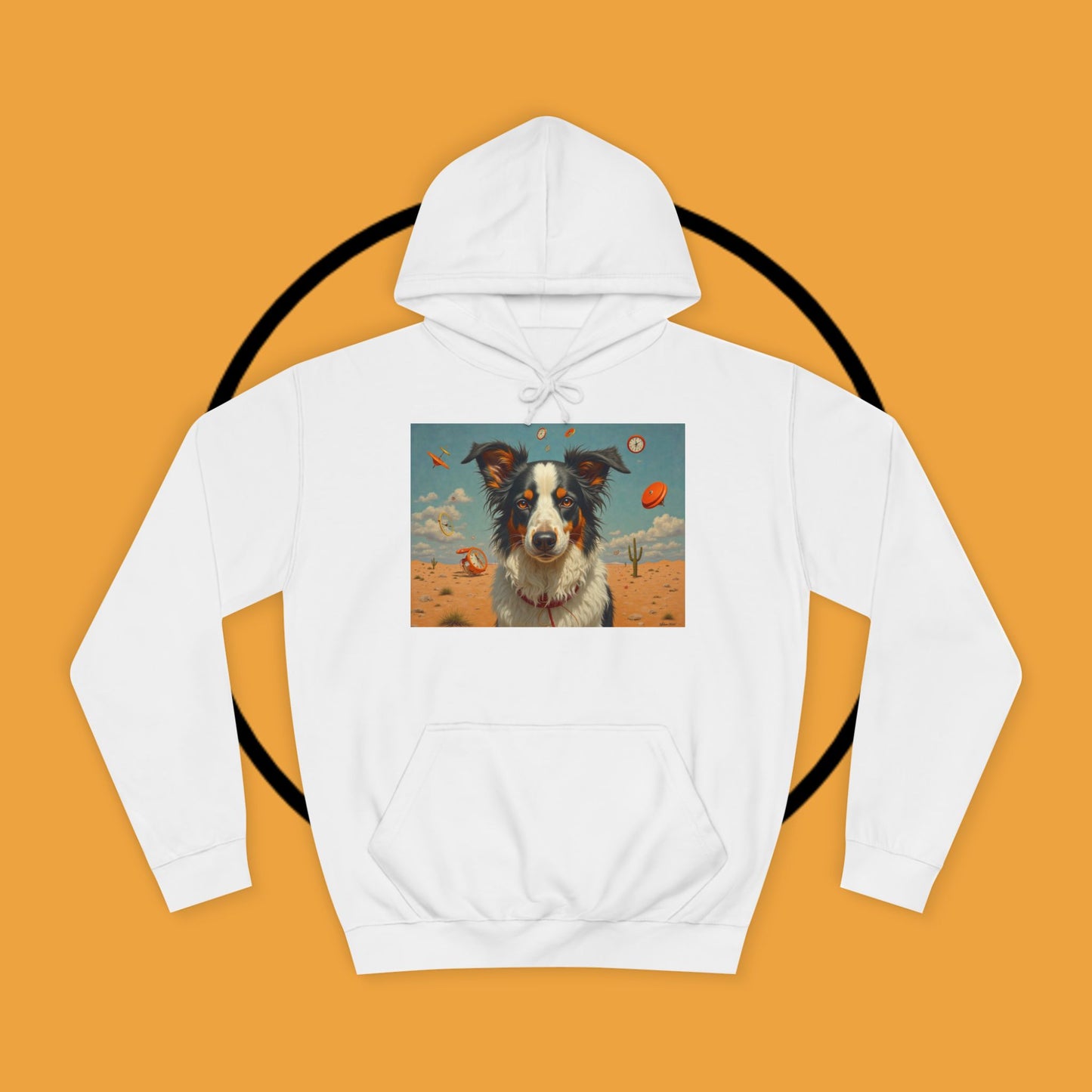 "Surreal Border Collie Time Desert Hoodie - Flying Clocks Artistic Dog Sweatshirt | Dreamlike Fantasy Design"