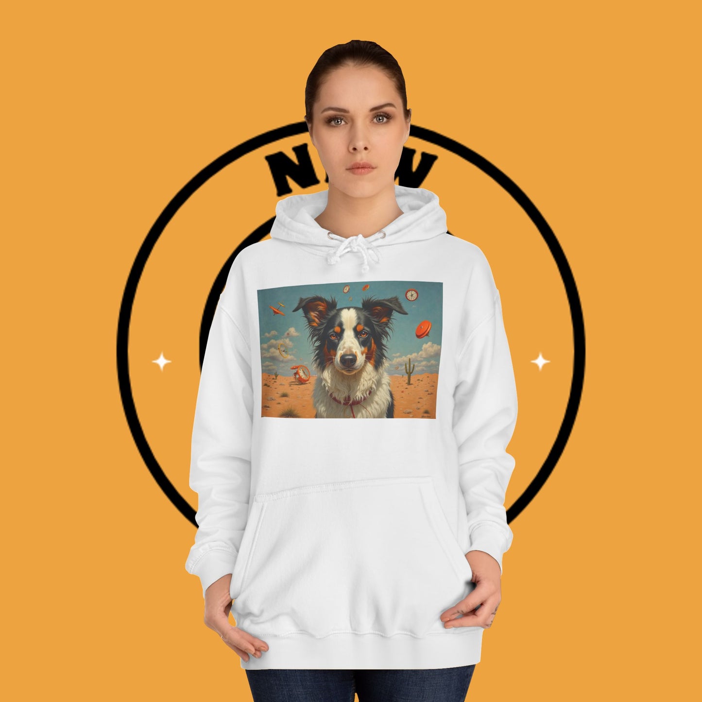 "Surreal Border Collie Time Desert Hoodie - Flying Clocks Artistic Dog Sweatshirt | Dreamlike Fantasy Design"
