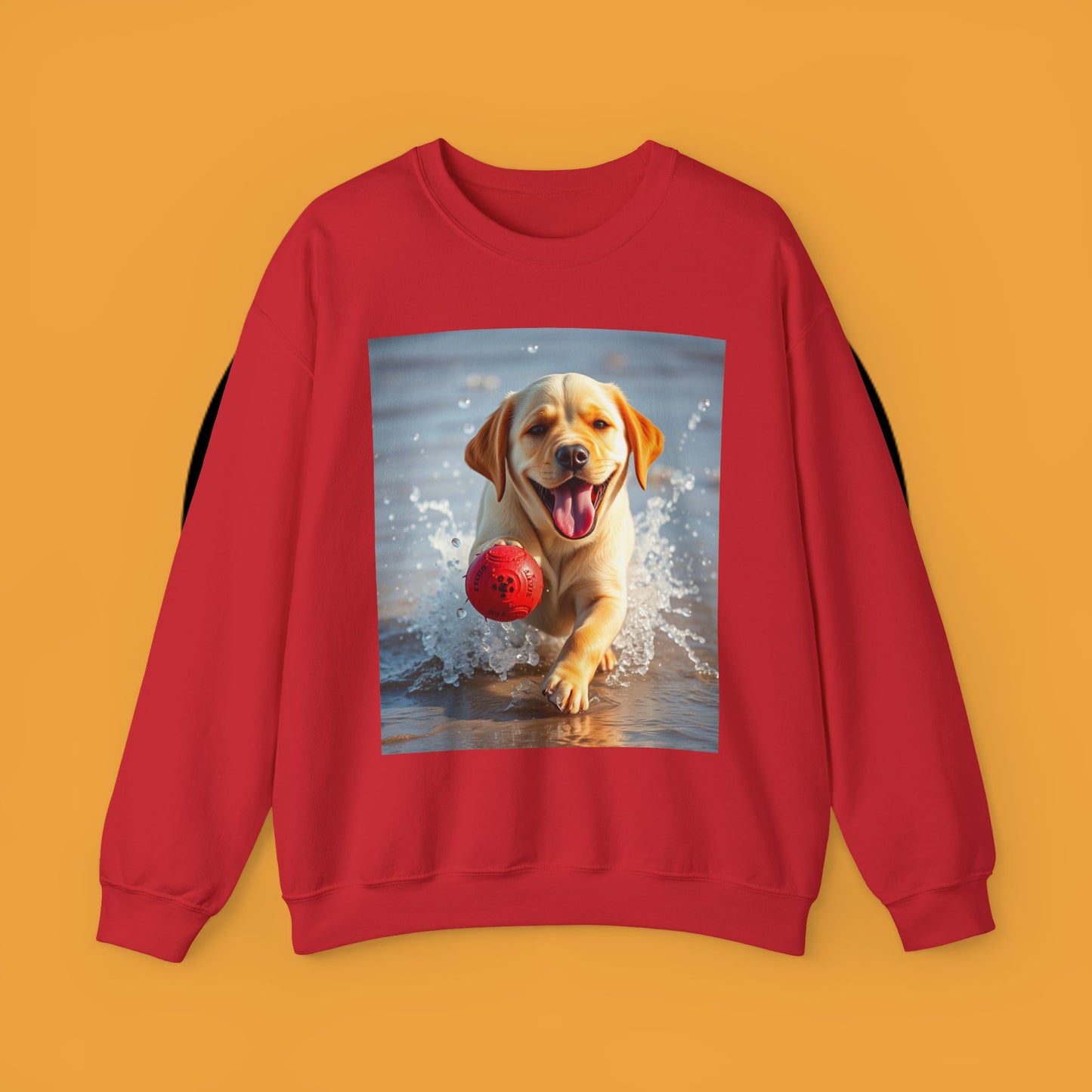 Unisex Dog Lover Crewneck Sweatshirt Labrador Puppy Playing with a Ball on the Beach - Photo of a Happy Dog Running in the Water