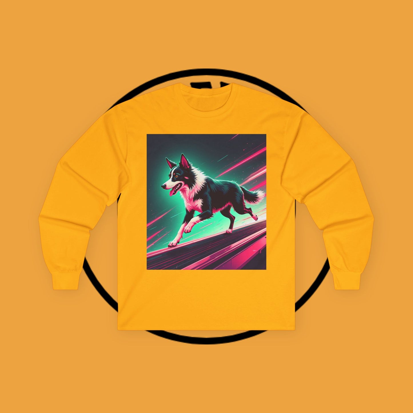 "Neon Speed Dog Long Sleeve Tee - Cyberpunk Running Border Collie Shirt - Futuristic Animal Art Apparel"
