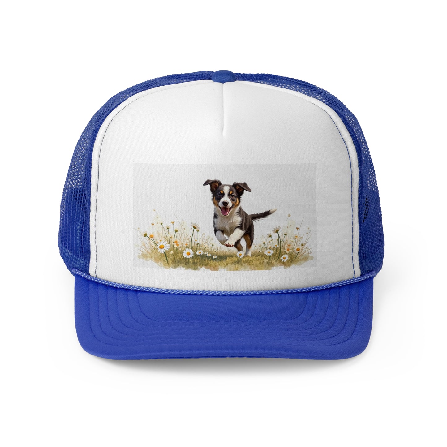 Happy Puppy in Daisies Trucker Hat - Joyful Dog Running Cap - Spring Meadow Baseball Hat