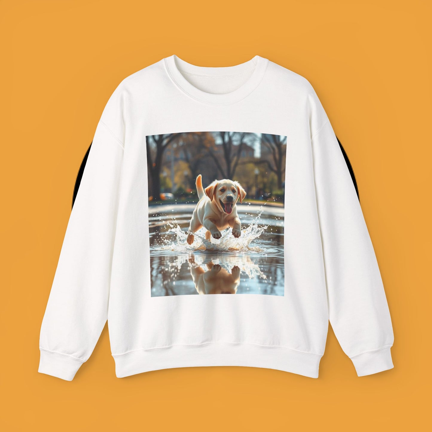 Unisex Dog Lover Crewneck Sweatshirt -Labrador Puppy Running in Water - Happy Dog Splashing in Puddle
