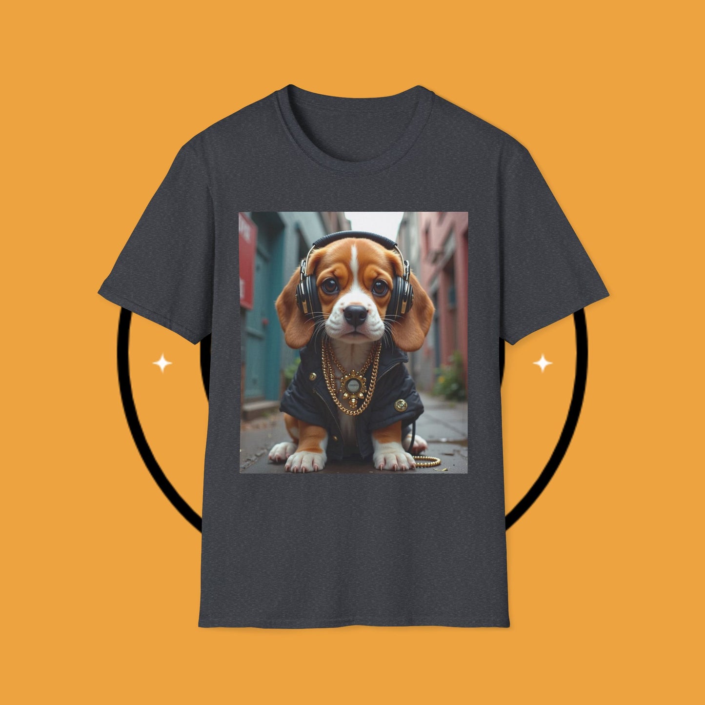 Hip Hop Beagle Dog T-Shirt - Cool Puppy with Headphones & Gold Chains Graphic Tee
