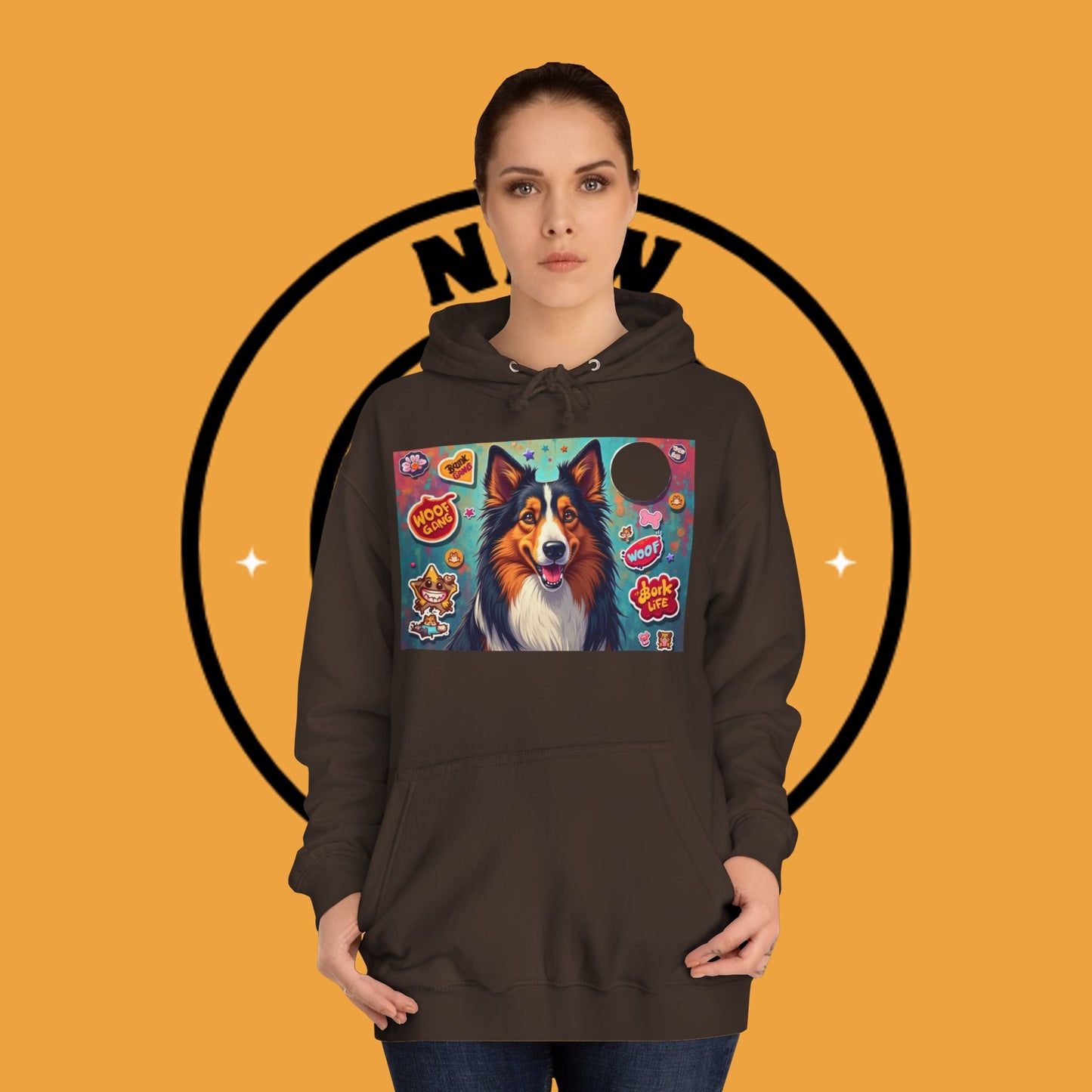"Dog Sticker Pack Hoodie - Vibrant Collie with Fun Dog Patches Design | Millennial Pet Lover Streetwear"