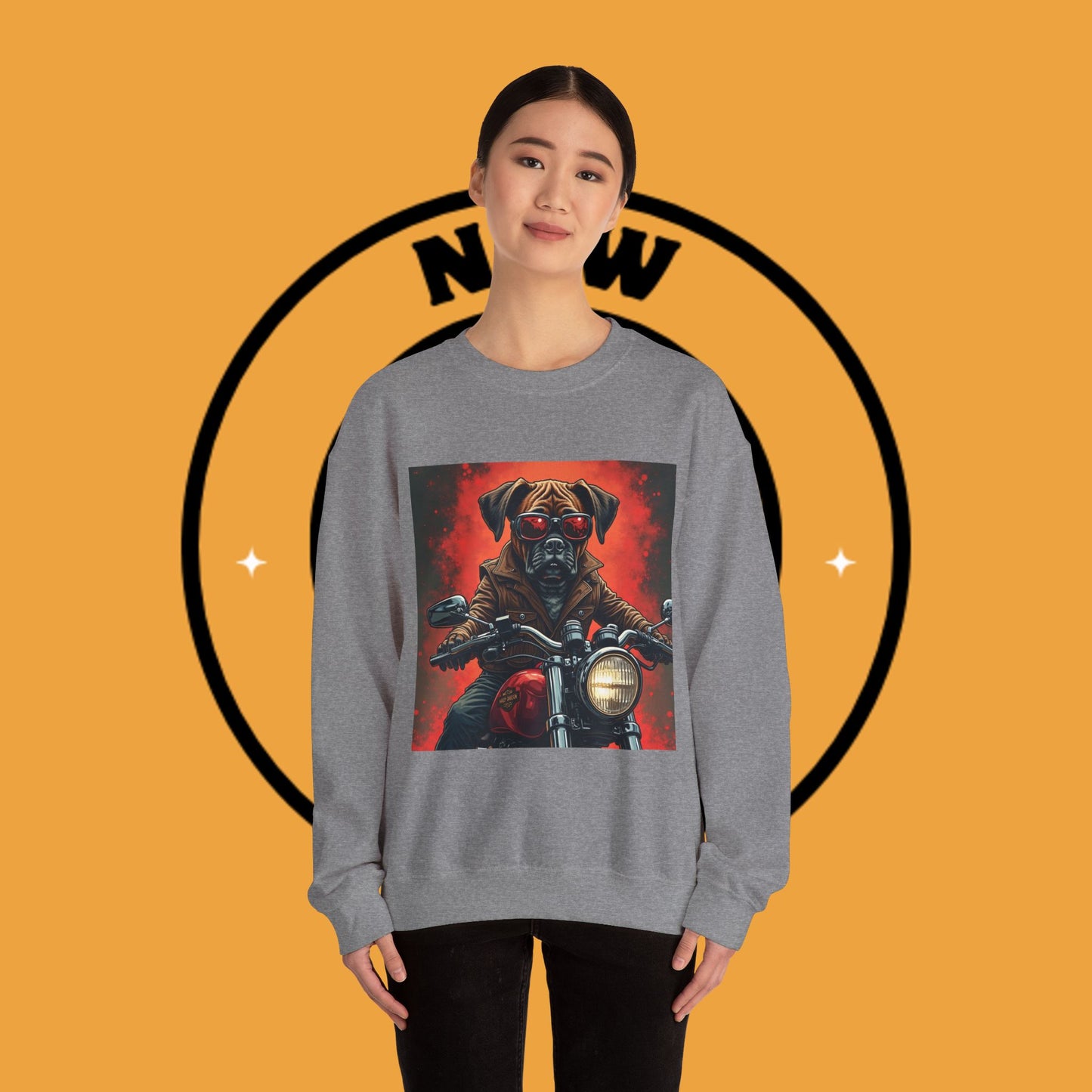 Biker Boxer Dog Crewneck Sweatshirt - Motorcycle Rebel Pup Design - Badass Pet Lover Style
