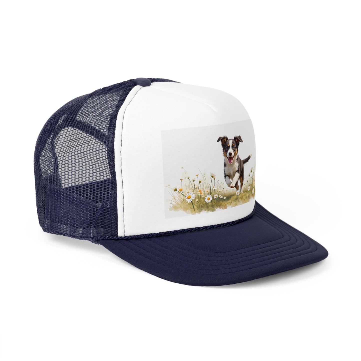 Happy Puppy in Daisies Trucker Hat - Joyful Dog Running Cap - Spring Meadow Baseball Hat