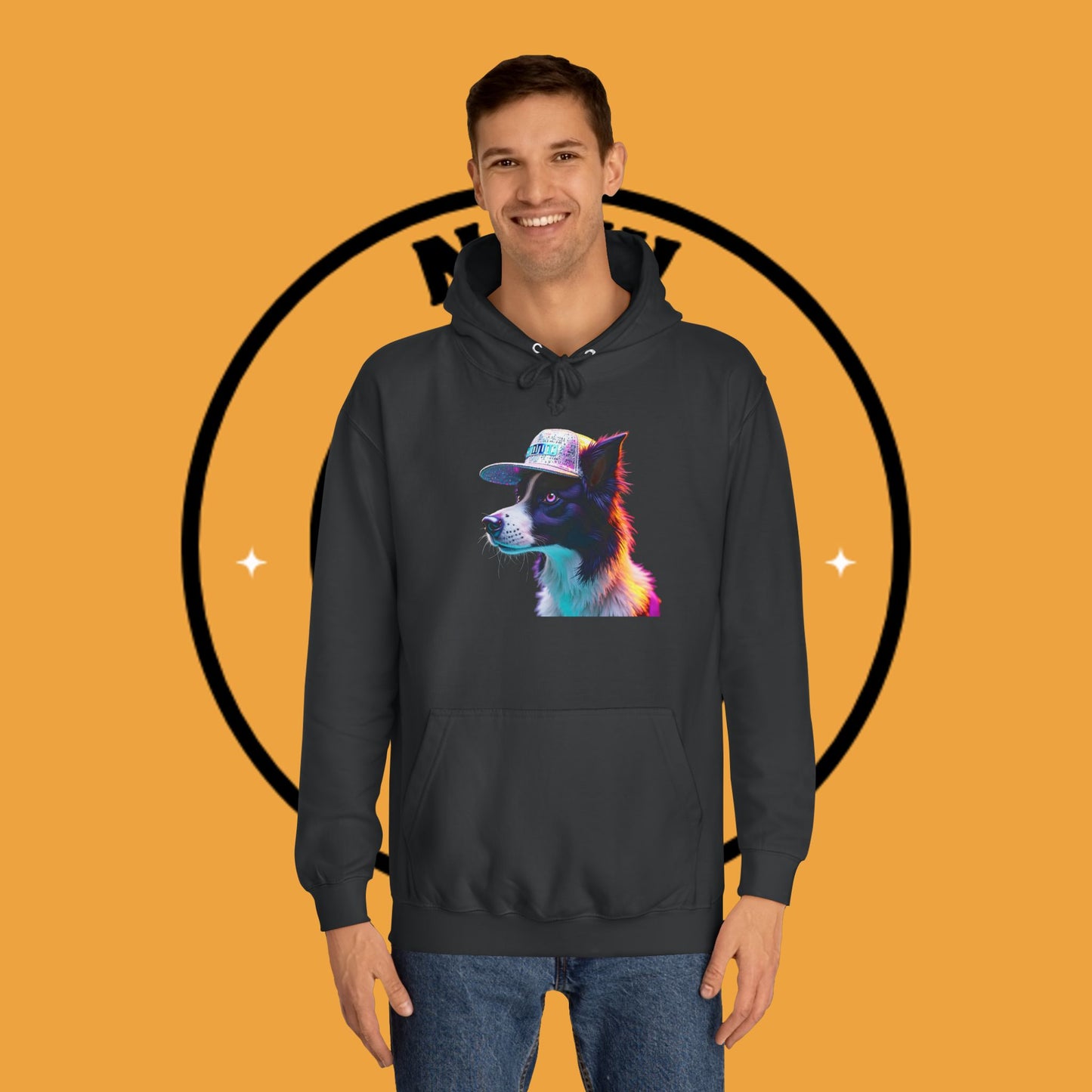 "Neon Rainbow Dog Hoodie - Vibrant Border Collie Street Art Design | Unisex Premium Streetwear"