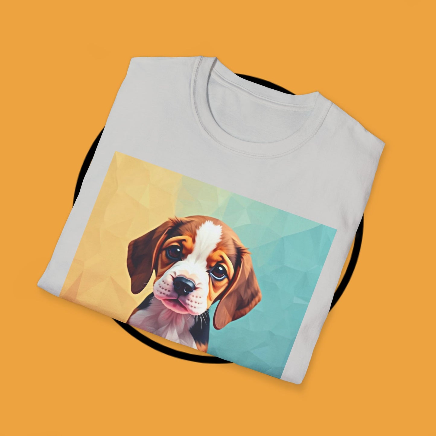 Modern Art Beagle Puppy T-Shirt - Geometric Low Poly Dog Design with Rainbow Background