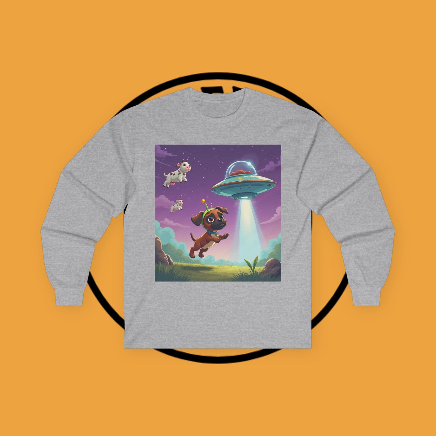 Cute Alien UFO Puppy & Flying Cow Long Sleeve Tee - Whimsical Space Adventure Shirt