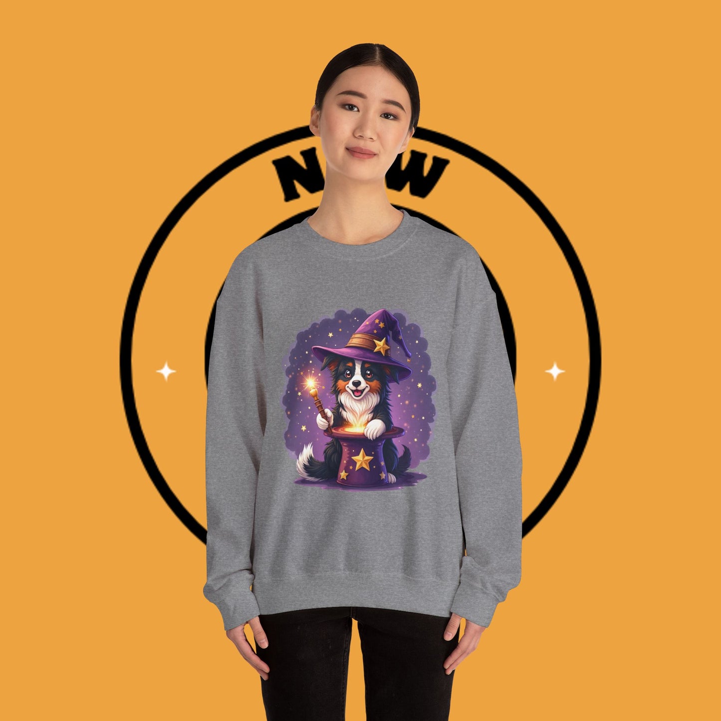 Magical Wizard Dog Crewneck Sweatshirt - Adorable Puppy Magician with Hat & Wand | Fantasy Pet Lover Gift Tee