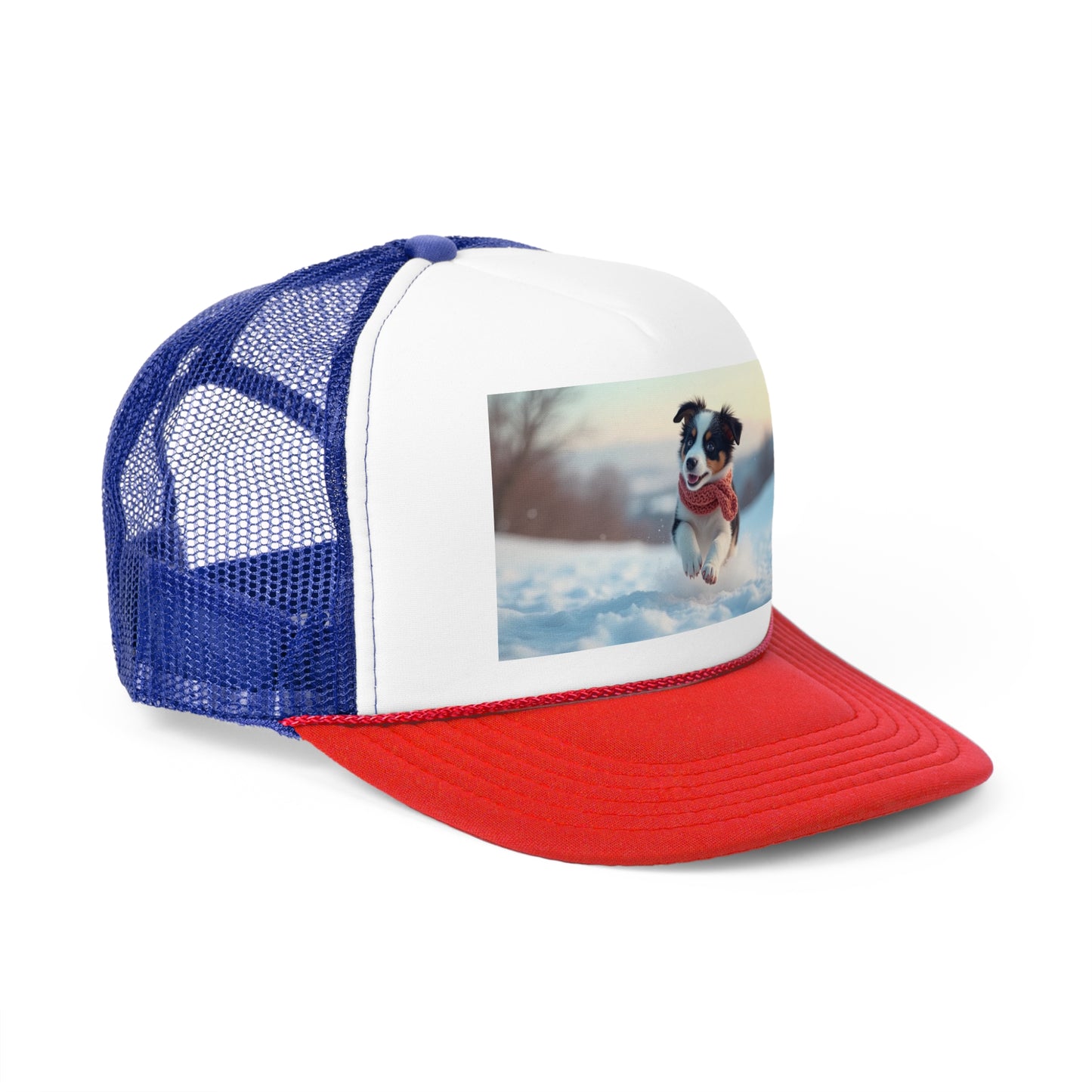 Winter Puppy Trucker Hat - Cozy Dog in Snow Cap - Adorable Scarf Puppy Baseball Hat