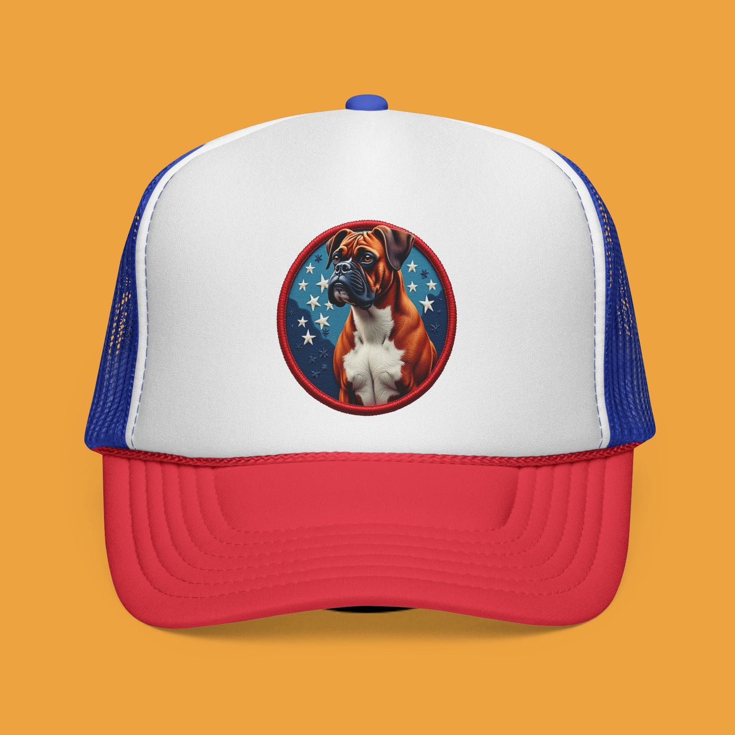 "Americana Boxer Dog Patch Trucker Cap - Patriotic Stars Design | USA Flag Colors Snapback Hat | Military Style Baseball Cap"