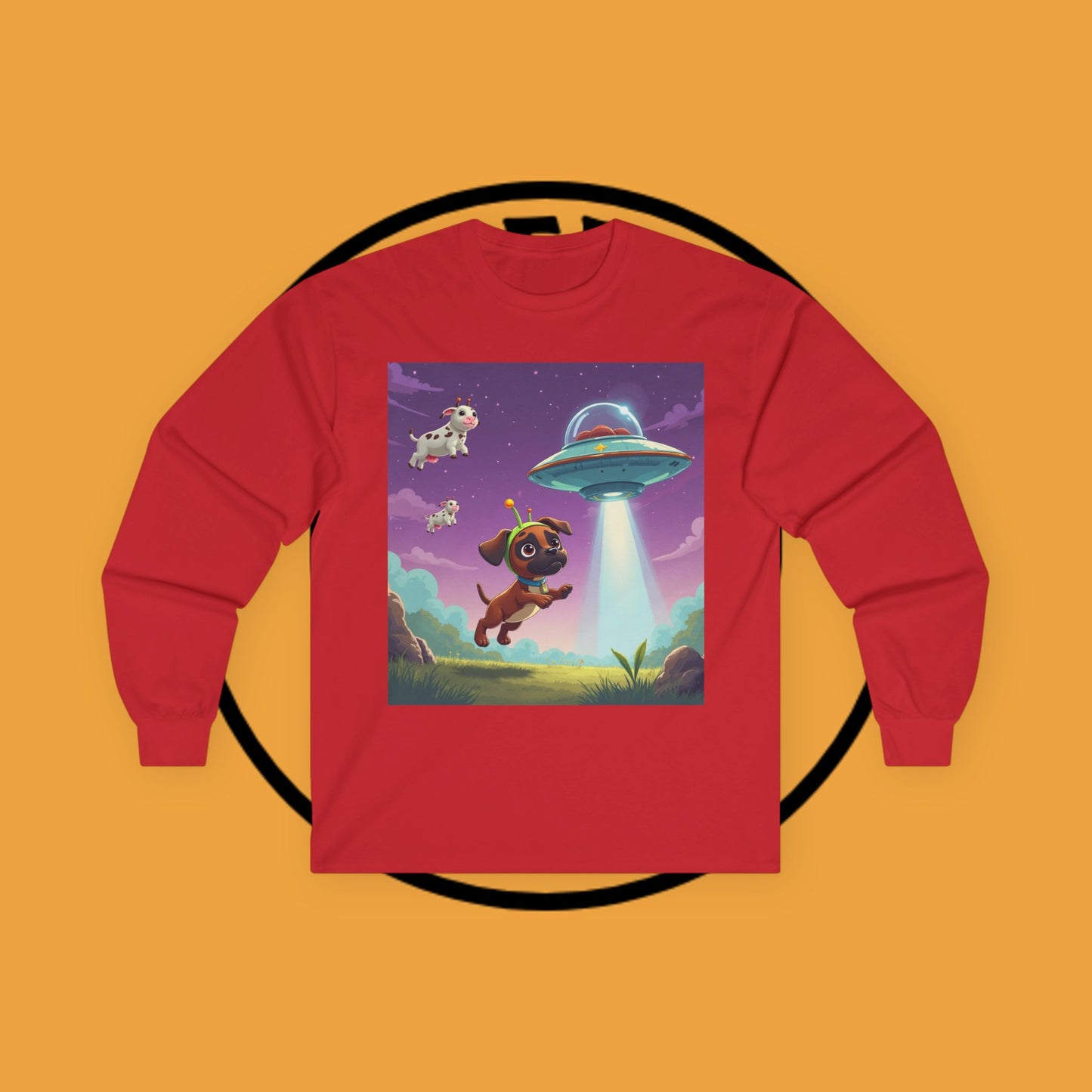 Cute Alien UFO Puppy & Flying Cow Long Sleeve Tee - Whimsical Space Adventure Shirt