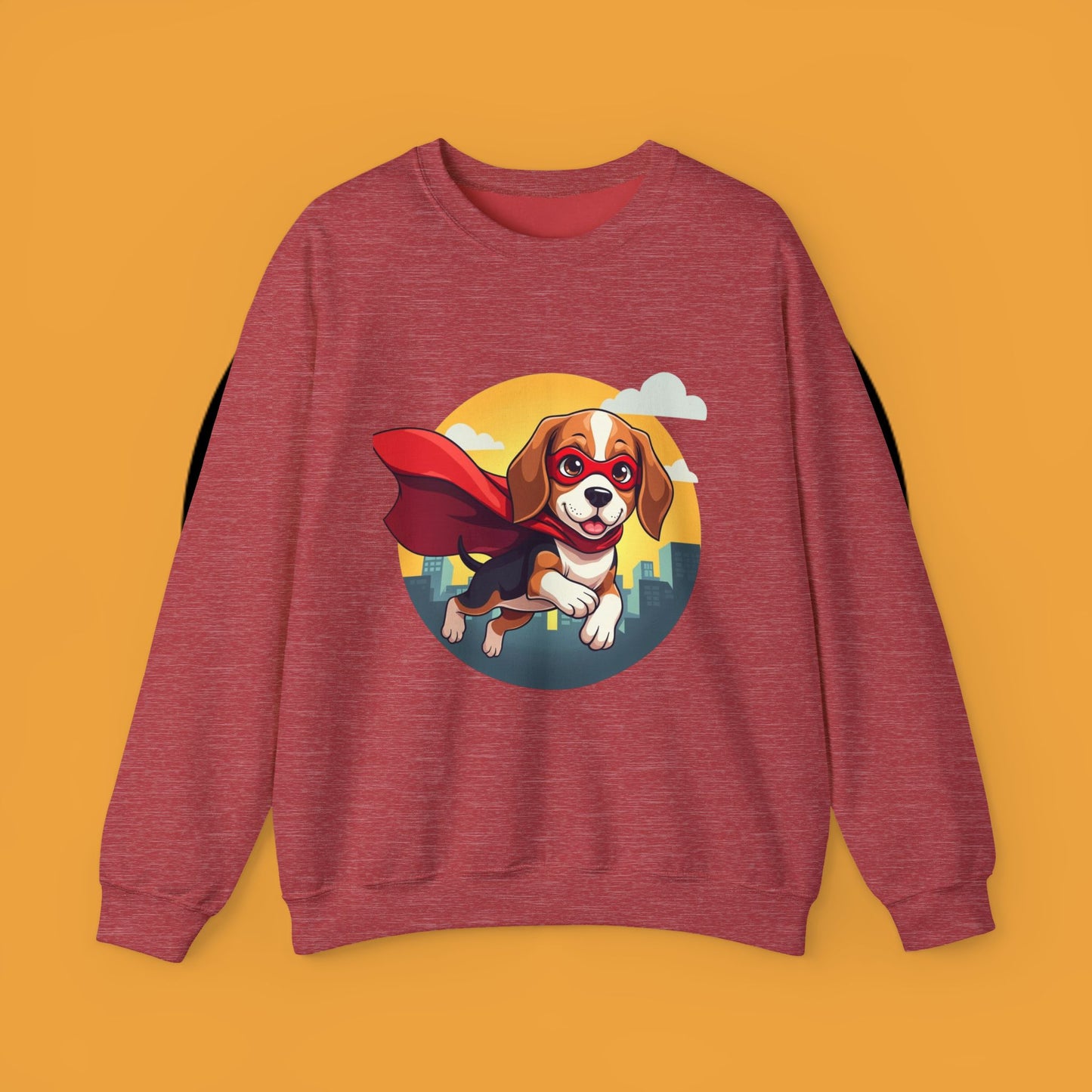 Superhero Dog Crewneck Sweatshirt - Flying Beagle Design with Red Cape and Mask