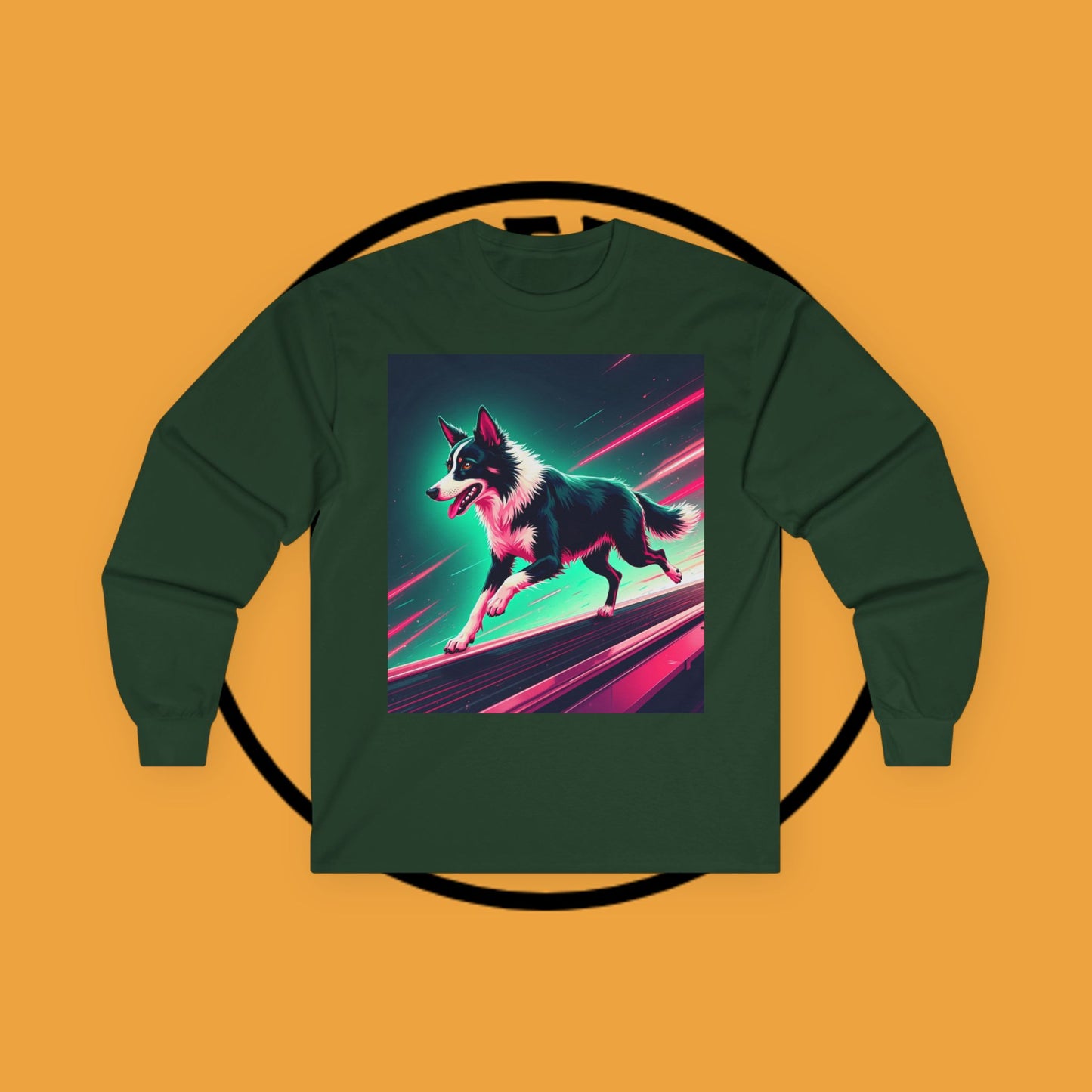 "Neon Speed Dog Long Sleeve Tee - Cyberpunk Running Border Collie Shirt - Futuristic Animal Art Apparel"