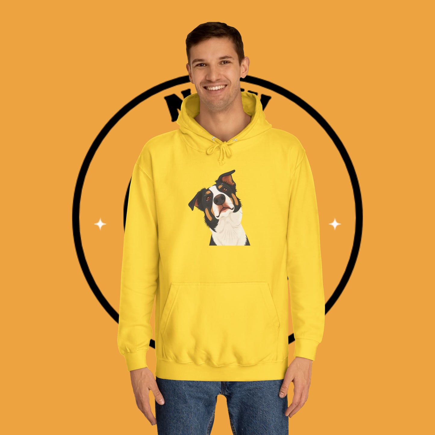 "Happy Border Collie Hoodie - Playful Cartoon Dog with Tilted Head Design | Cute Animal Streetwear"