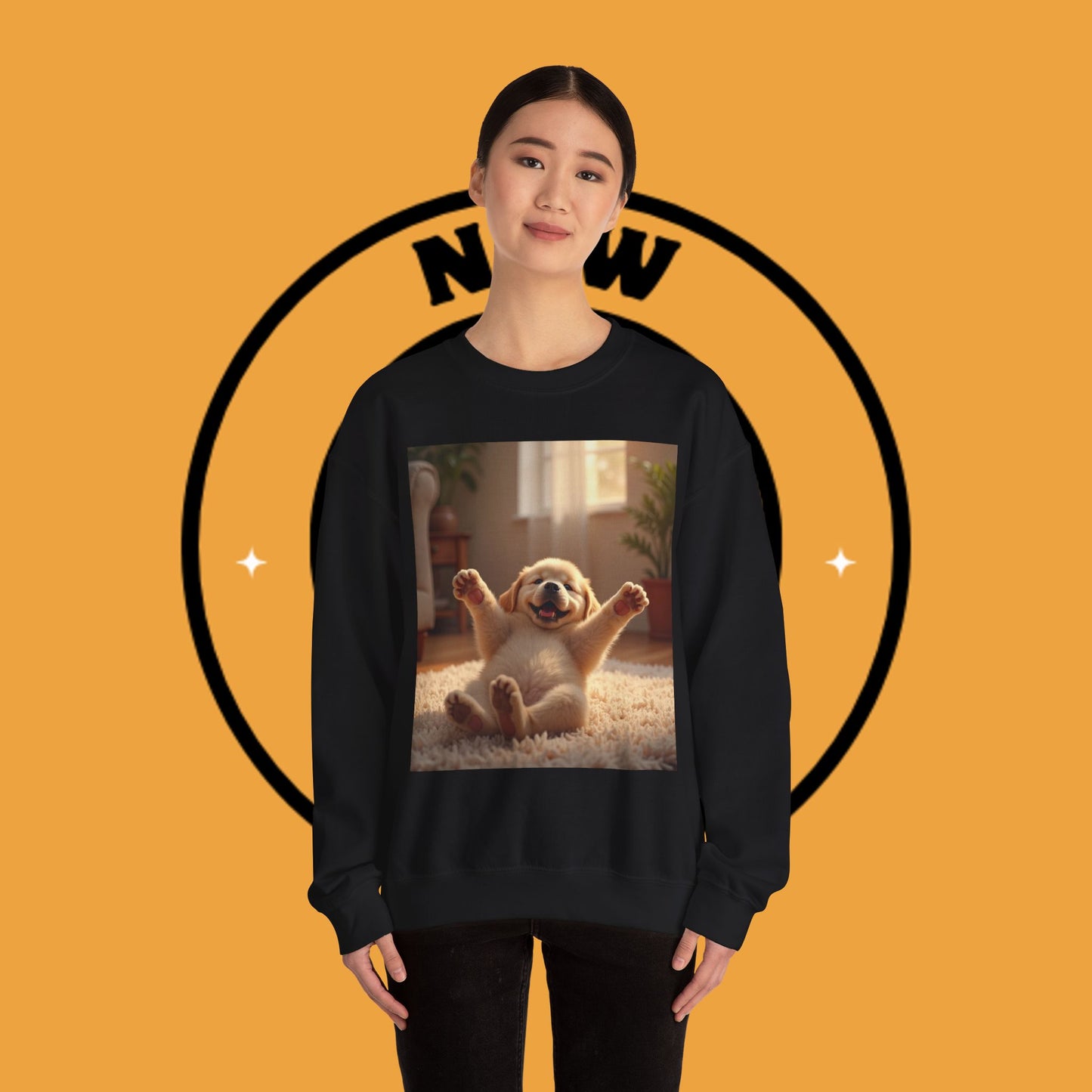 Unisex Dog Lover Crewneck Sweatshirt - Joyful Paws: Yellow Lab Puppy Stretching on Plush Carpet