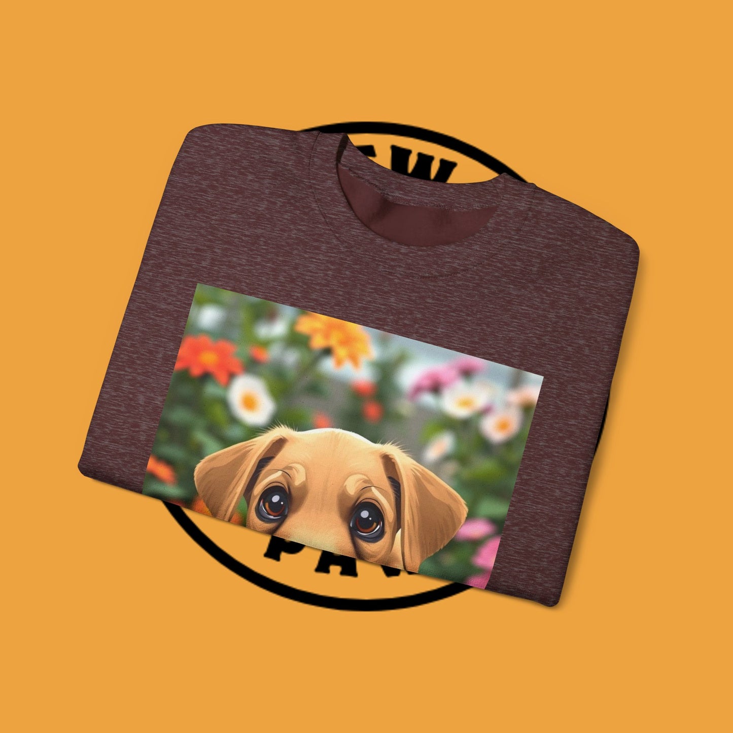 Unisex Dog Lover Crewneck Sweatshirt - Cute puppe with big eyes in floral garden