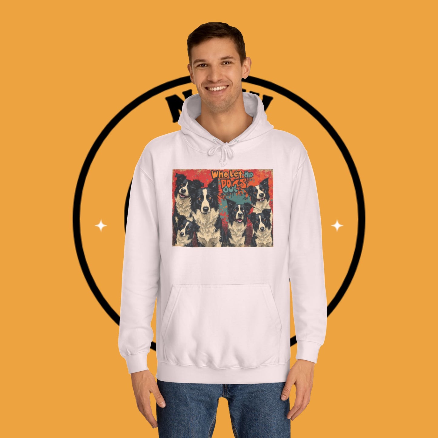 "Who Let the Dogs Out Border Collie Hoodie - Funny 90s Nostalgia Dog Pack Sweatshirt | Retro Music Design"