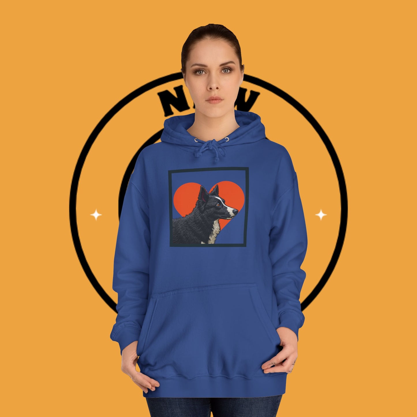"Black & White Border Collie Portrait Hoodie - Bold Red Heart Background Dog Lover Sweatshirt | Premium Art Design"