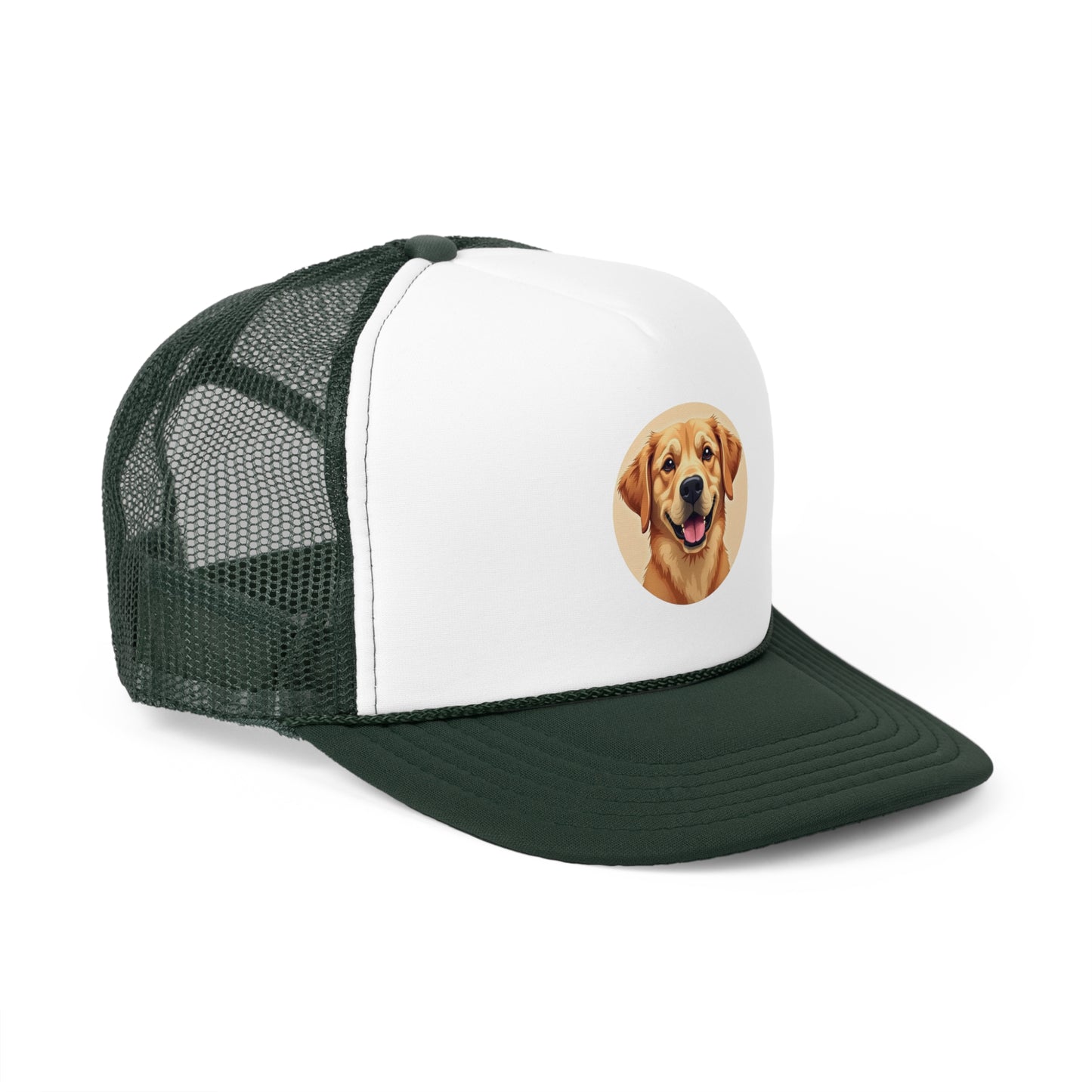 Happy Golden Retriever Trucker Cap - Circular Digital Illustration - Unisex Golden Cheerful Cap