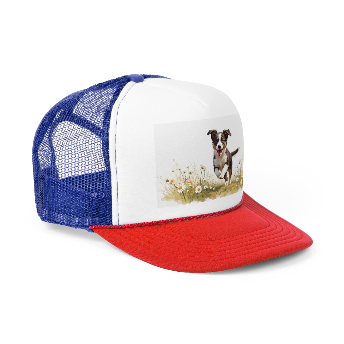 Happy Puppy in Daisies Trucker Hat - Joyful Dog Running Cap - Spring Meadow Baseball Hat