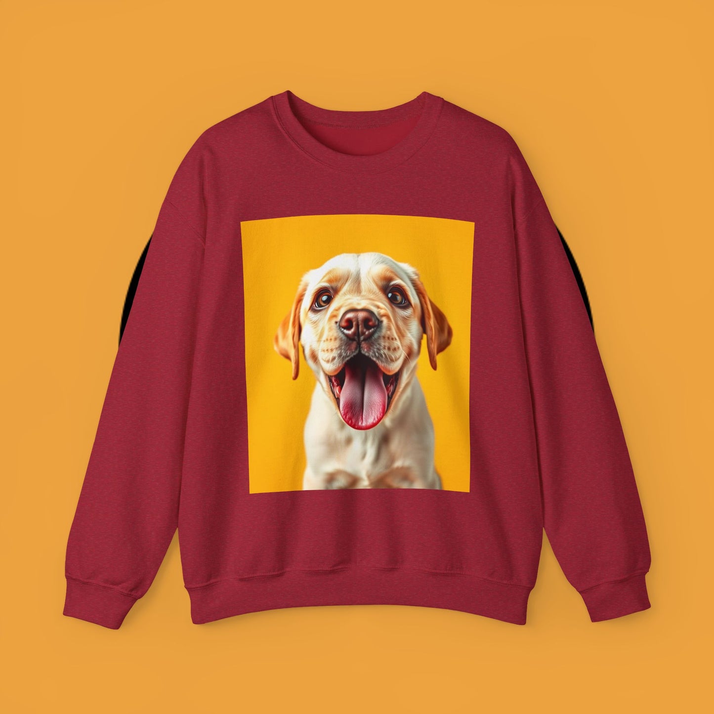 Unisex Dog Lover Crewneck Sweatshirt - Smiling Yellow Lab on vibrant yellow background