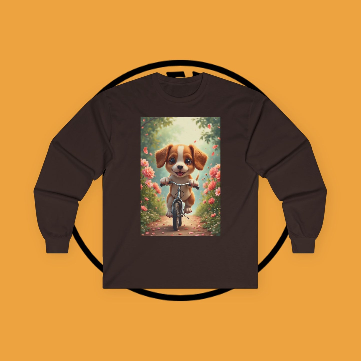Happy Puppy Riding Bike Spring Flowers Long Sleeve Tee Gift