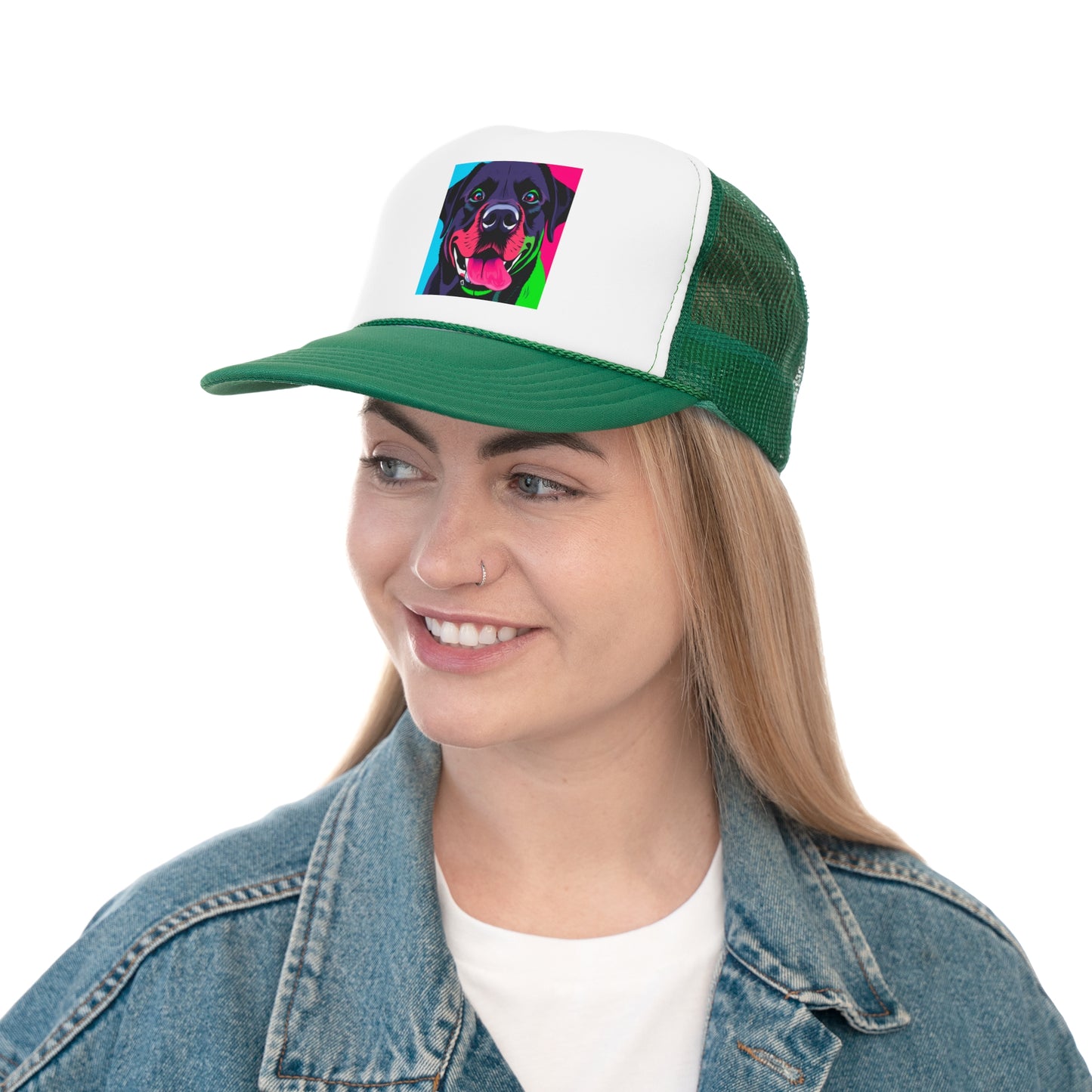 Psychedelic Pop Art Dog Trucker Hat - Vibrant Neon Colors Lab Portrait Cap - Perfect for Pet Lovers
