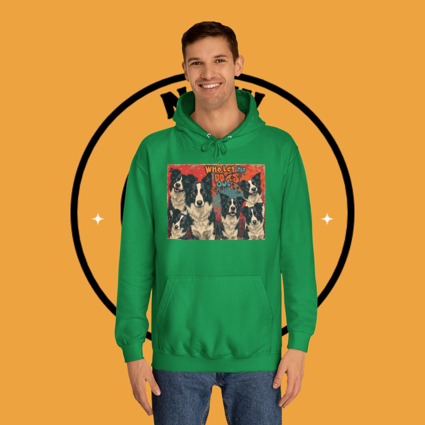 "Who Let the Dogs Out Border Collie Hoodie - Funny 90s Nostalgia Dog Pack Sweatshirt | Retro Music Design"
